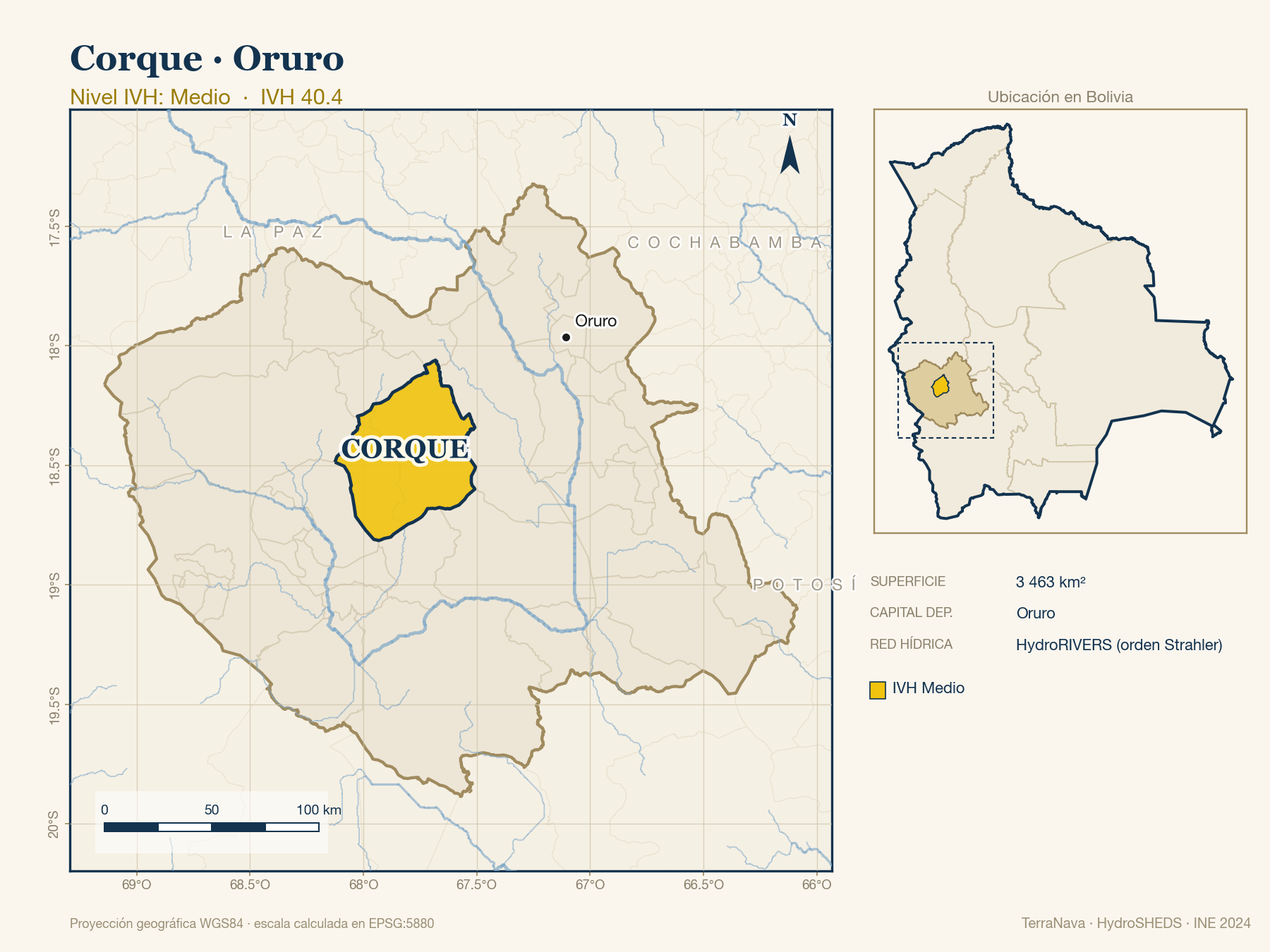 Mapa localizador de Corque (Oruro): zoom departamental con red hídrica HydroRIVERS, municipio destacado por nivel IVH y ubicación en Bolivia