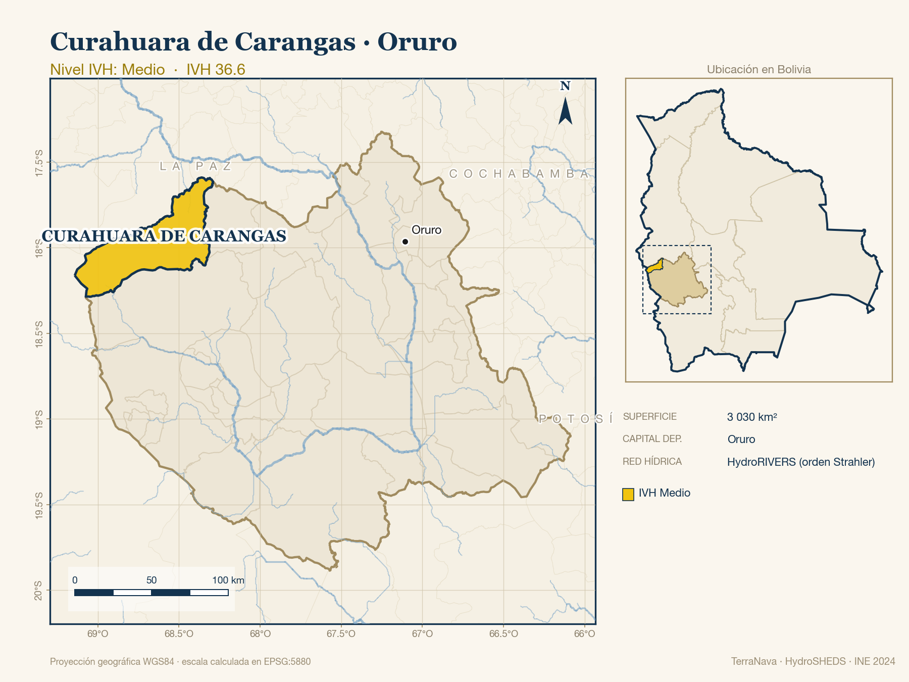 Mapa localizador de Curahuara de Carangas (Oruro): zoom departamental con red hídrica HydroRIVERS, municipio destacado por nivel IVH y ubicación en Bolivia