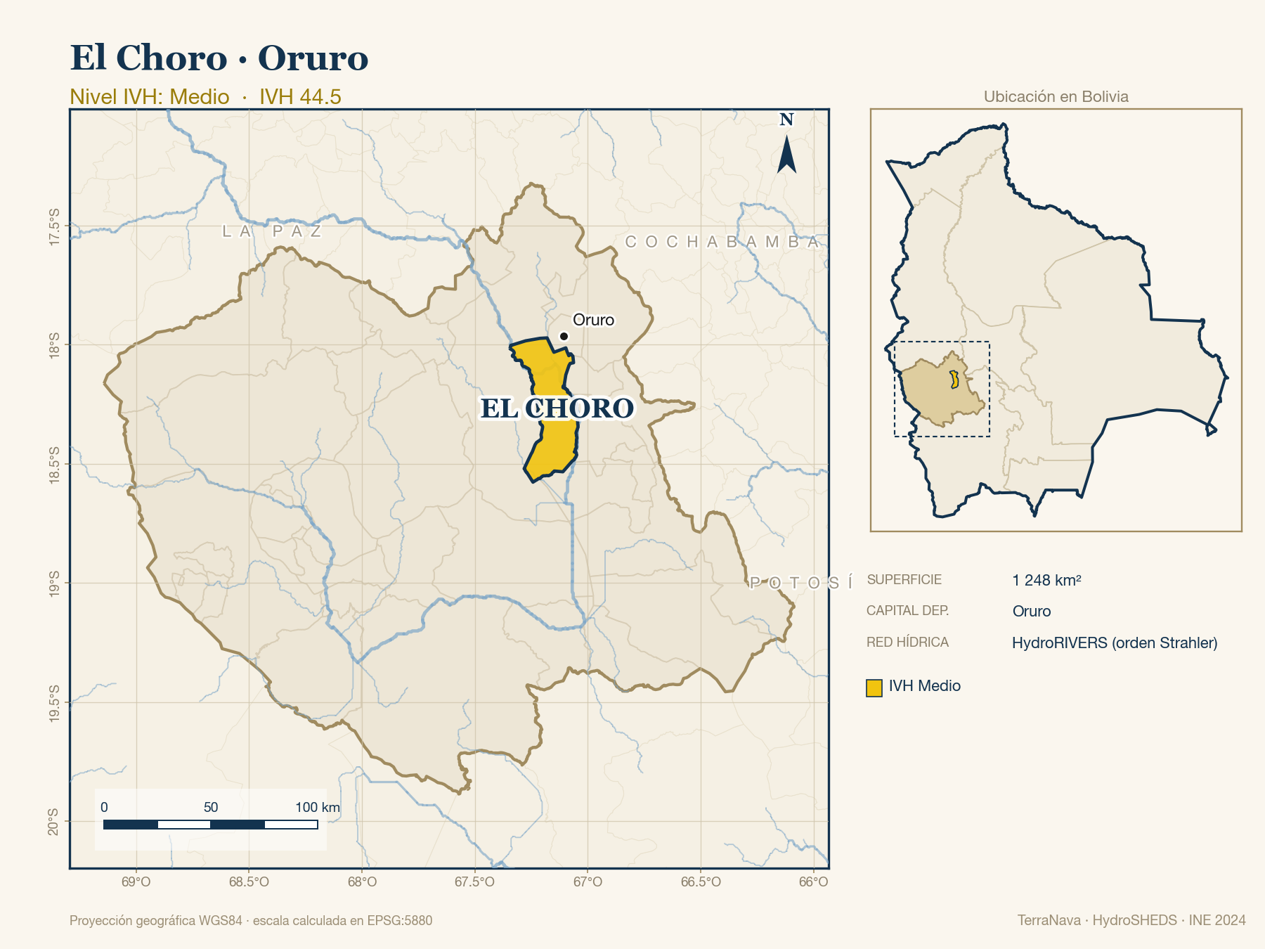 Mapa localizador de El Choro (Oruro): zoom departamental con red hídrica HydroRIVERS, municipio destacado por nivel IVH y ubicación en Bolivia