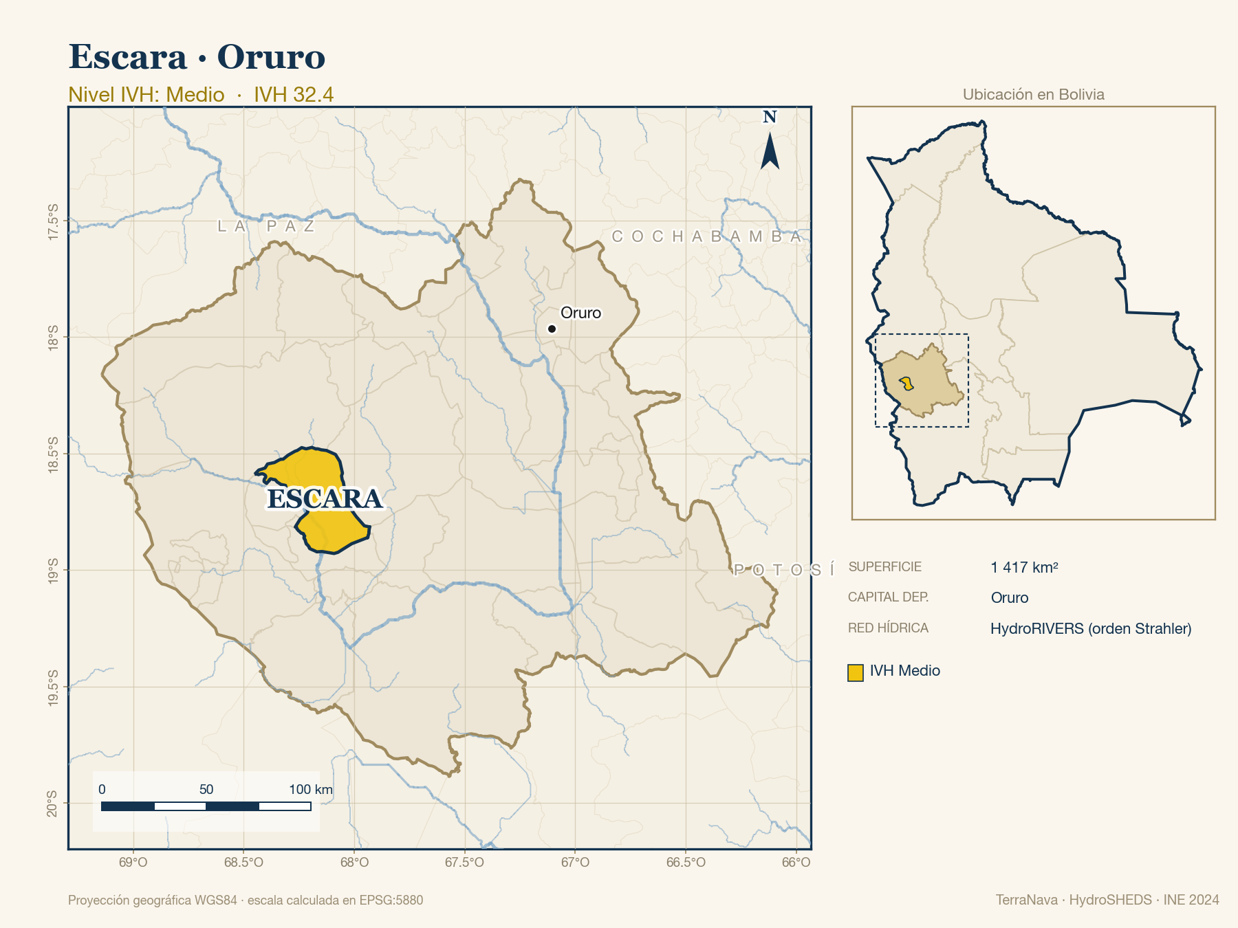 Mapa localizador de Escara (Oruro): zoom departamental con red hídrica HydroRIVERS, municipio destacado por nivel IVH y ubicación en Bolivia