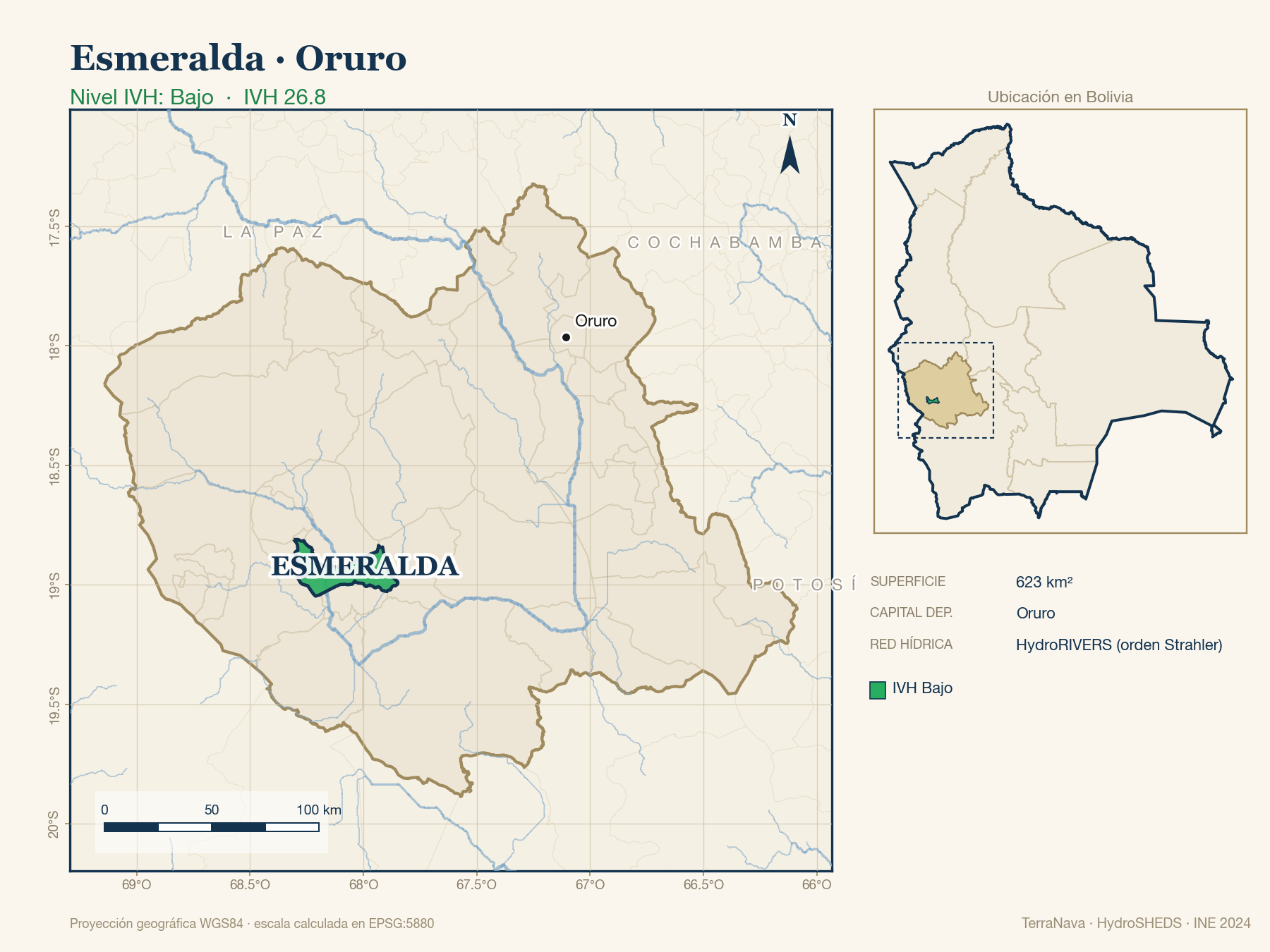 Mapa localizador de Esmeralda (Oruro): zoom departamental con red hídrica HydroRIVERS, municipio destacado por nivel IVH y ubicación en Bolivia