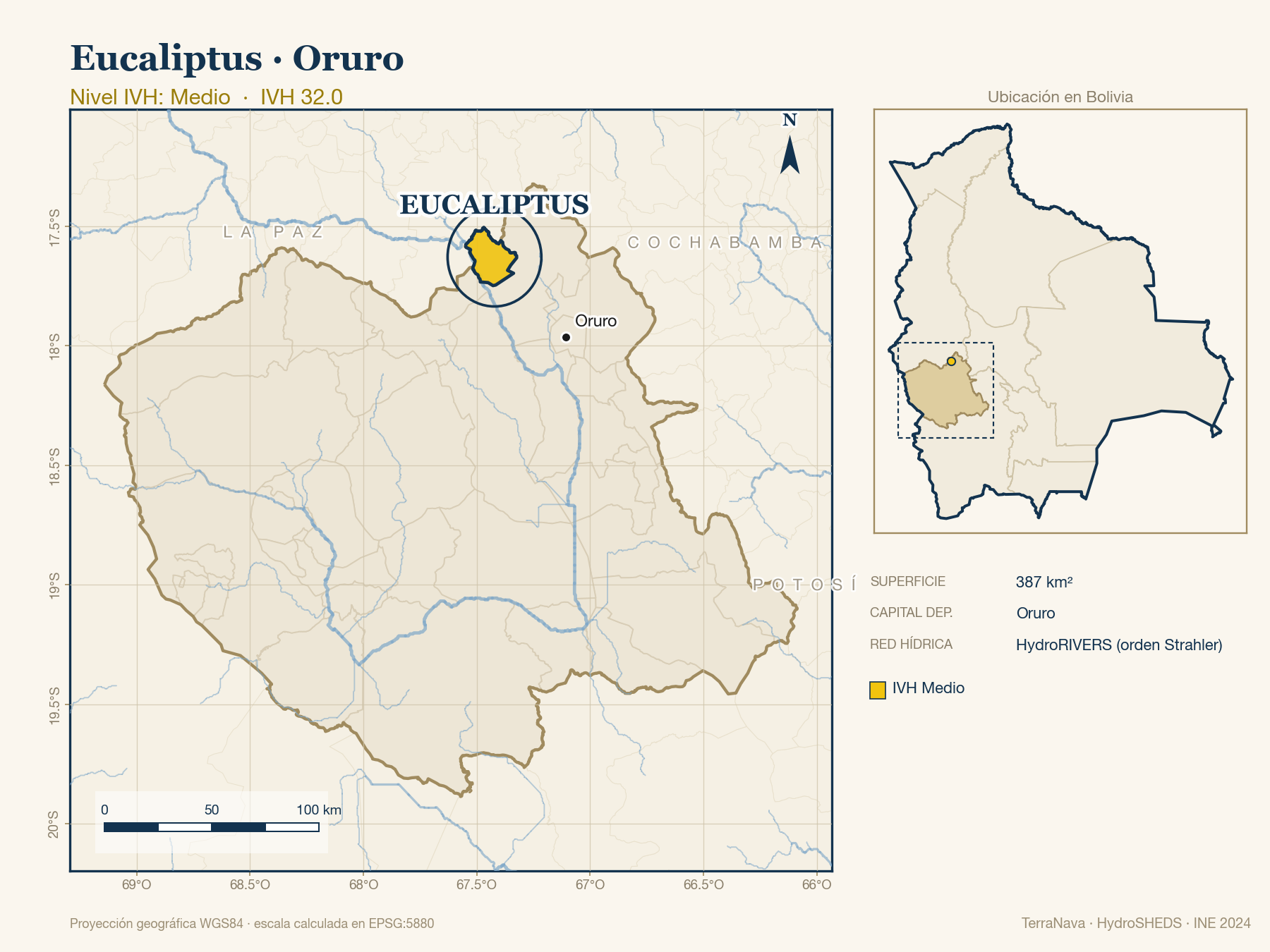 Mapa localizador de Eucaliptus (Oruro): zoom departamental con red hídrica HydroRIVERS, municipio destacado por nivel IVH y ubicación en Bolivia