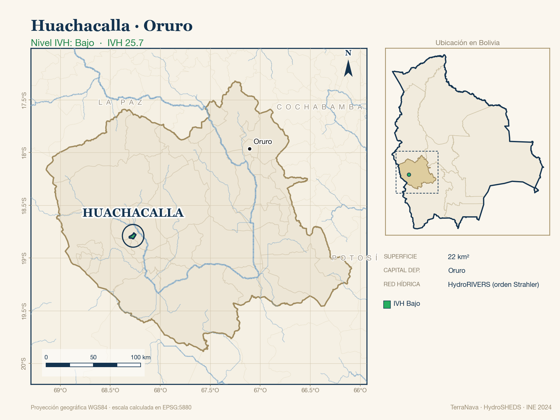 Mapa localizador de Huachacalla (Oruro): zoom departamental con red hídrica HydroRIVERS, municipio destacado por nivel IVH y ubicación en Bolivia