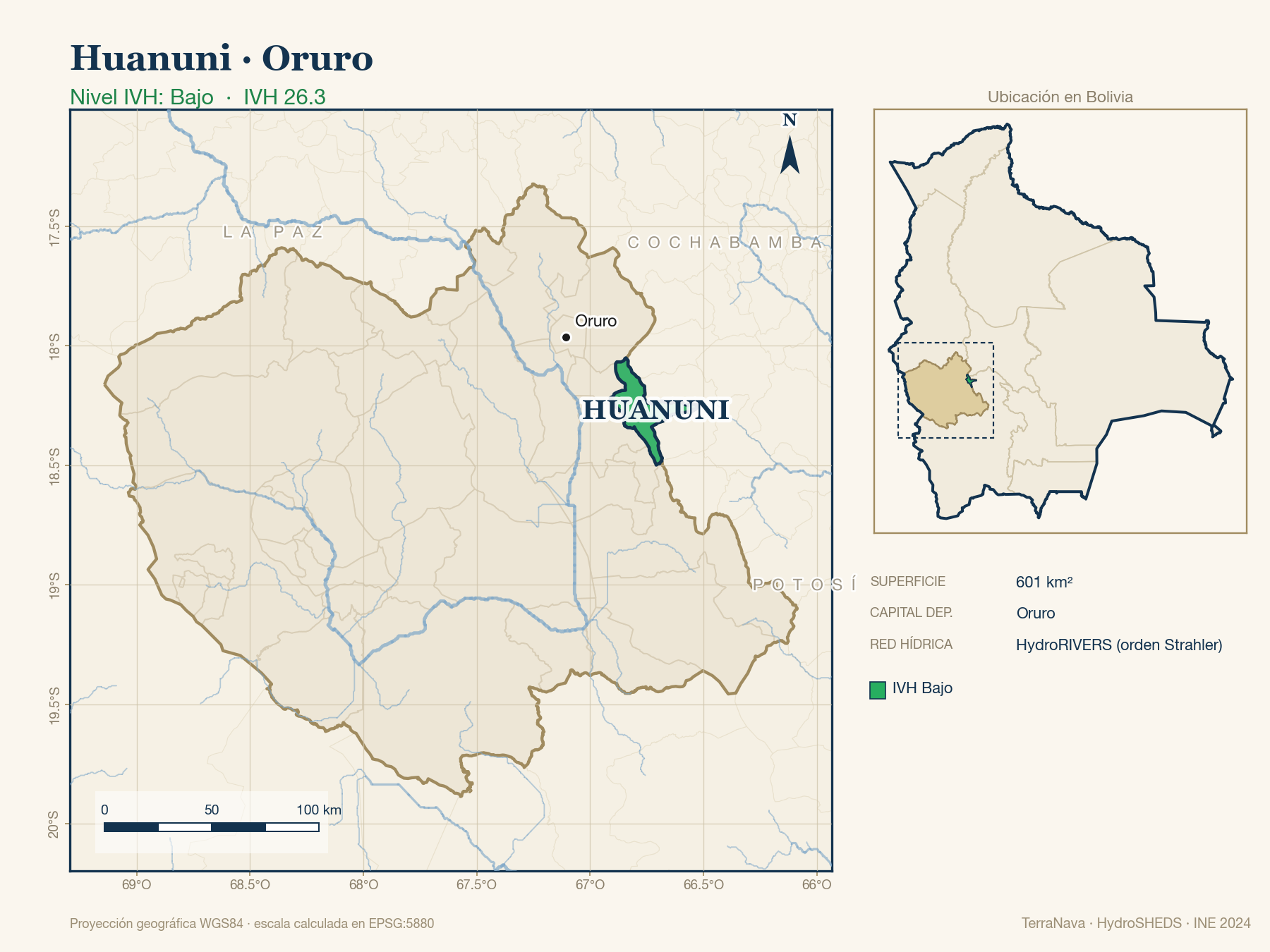 Mapa localizador de Huanuni (Oruro): zoom departamental con red hídrica HydroRIVERS, municipio destacado por nivel IVH y ubicación en Bolivia