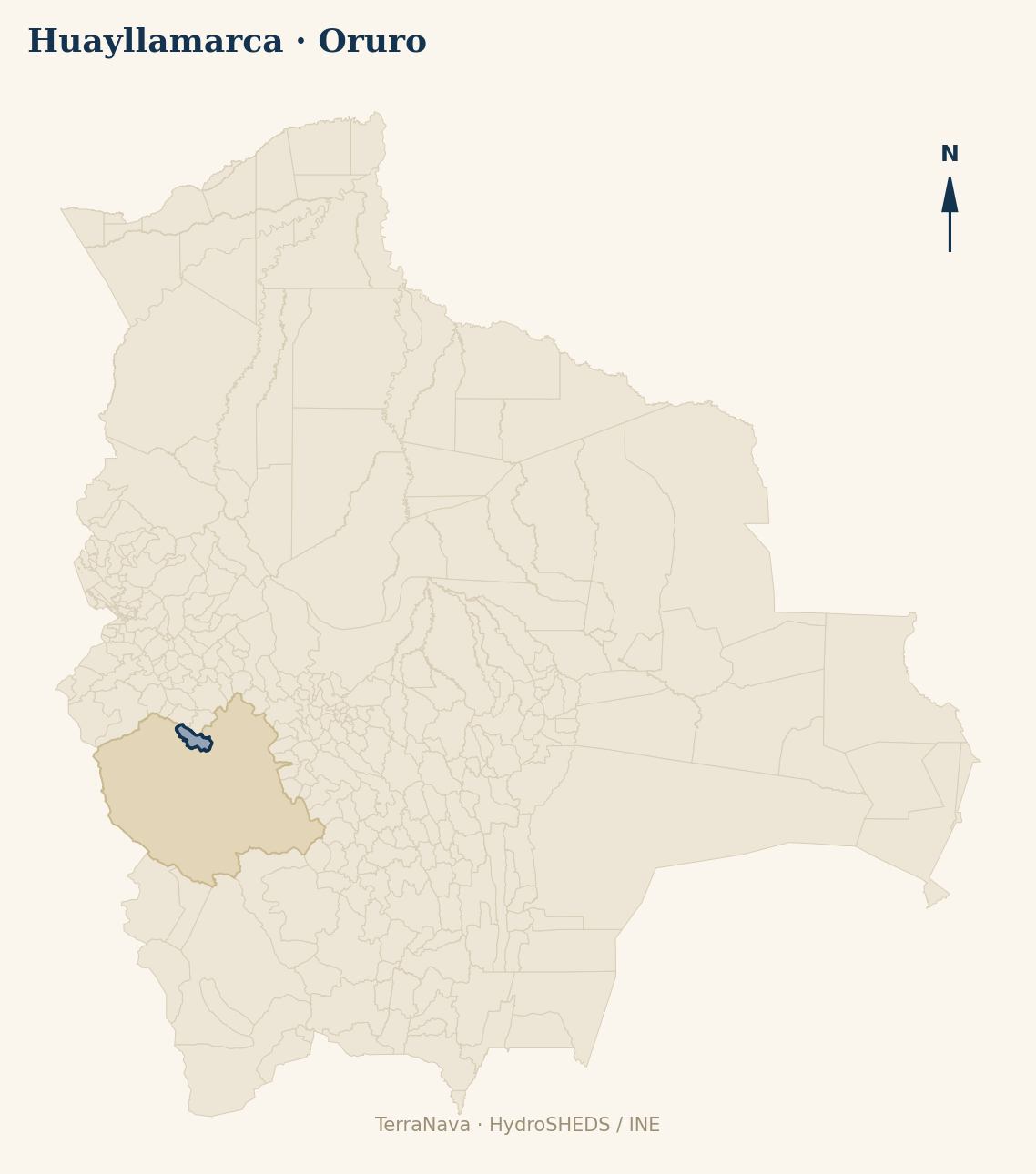 Mapa localizador de Huayllamarca (Oruro): zoom departamental con red hídrica HydroRIVERS, municipio destacado por nivel IVH y ubicación en Bolivia
