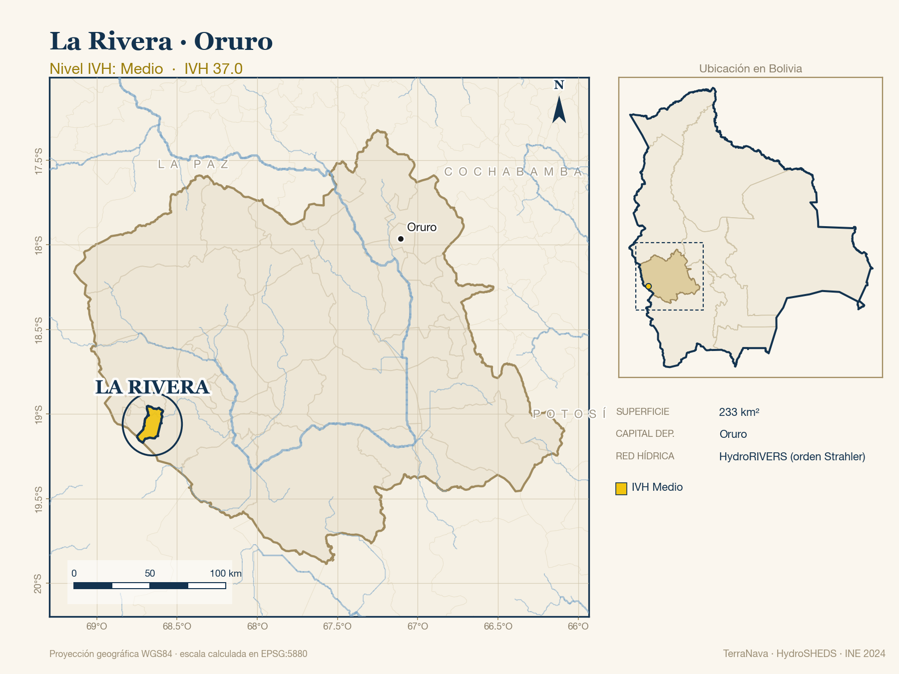 Mapa localizador de La Rivera (Oruro): zoom departamental con red hídrica HydroRIVERS, municipio destacado por nivel IVH y ubicación en Bolivia