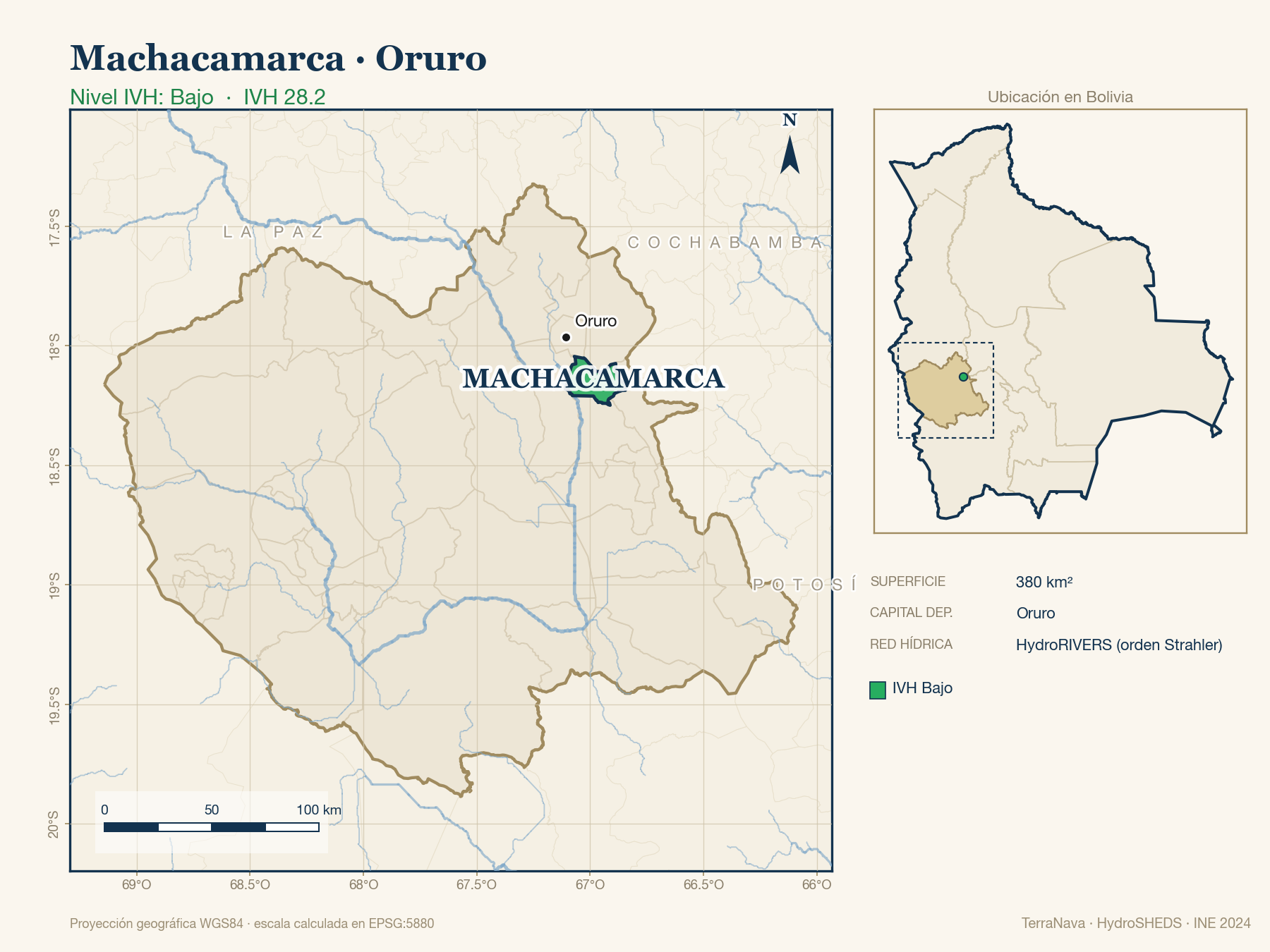 Mapa localizador de Machacamarca (Oruro): zoom departamental con red hídrica HydroRIVERS, municipio destacado por nivel IVH y ubicación en Bolivia