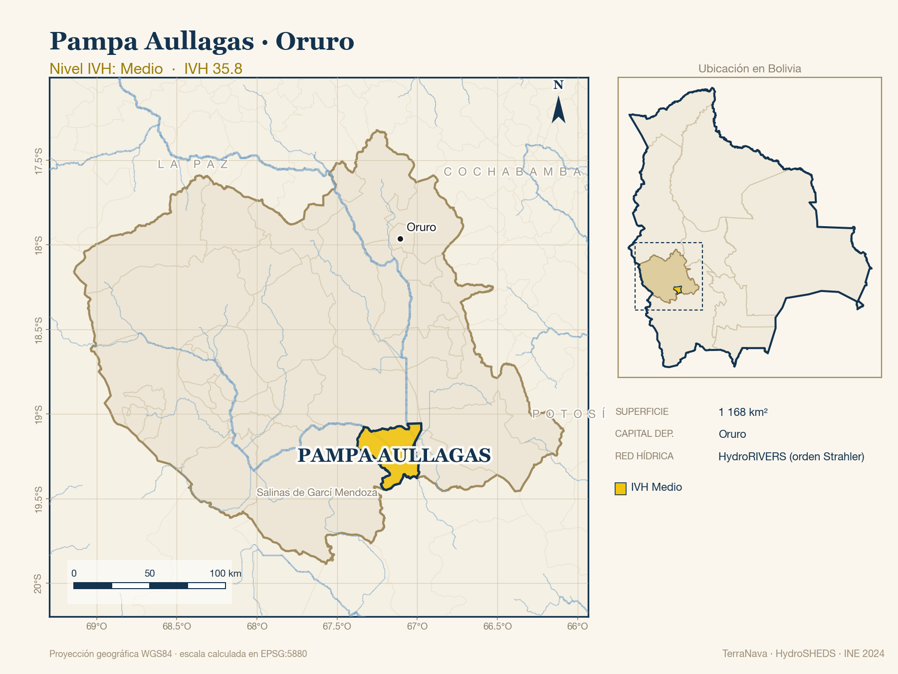 Mapa localizador de Pampa Aullagas (Oruro): zoom departamental con red hídrica HydroRIVERS, municipio destacado por nivel IVH y ubicación en Bolivia