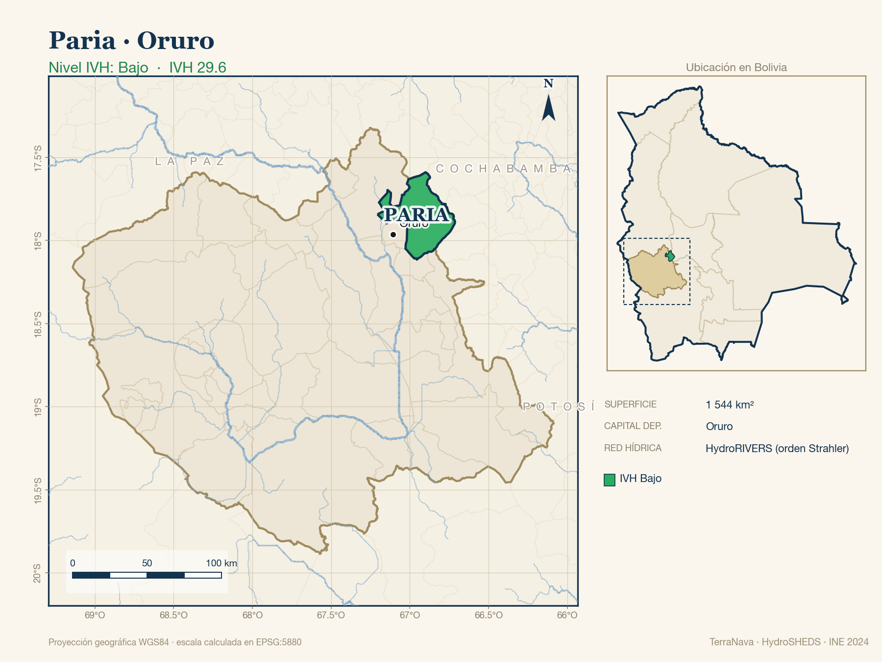 Mapa localizador de Paria (Oruro): zoom departamental con red hídrica HydroRIVERS, municipio destacado por nivel IVH y ubicación en Bolivia