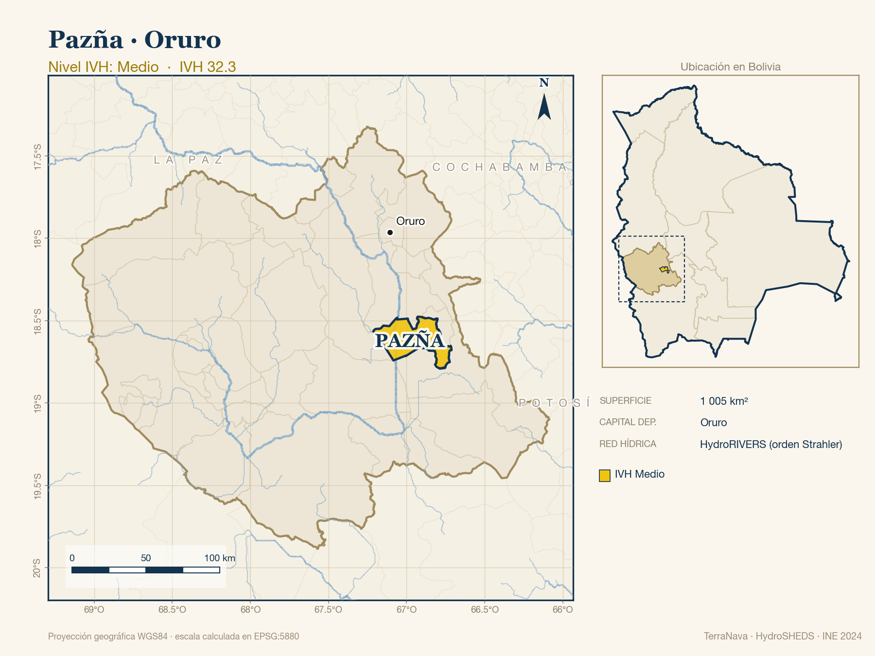 Mapa localizador de Pazña (Oruro): zoom departamental con red hídrica HydroRIVERS, municipio destacado por nivel IVH y ubicación en Bolivia