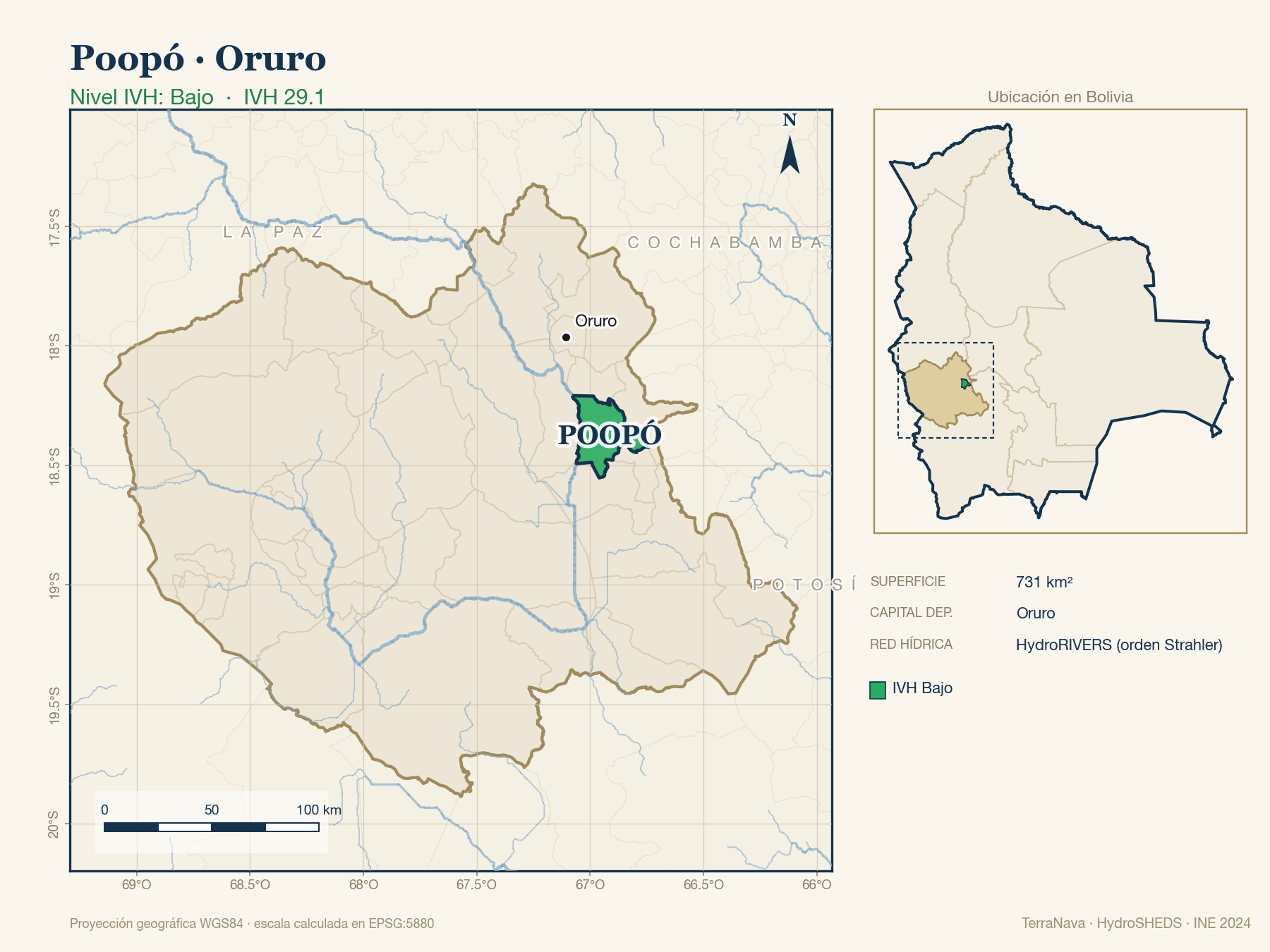 Mapa localizador de Poopó (Oruro): zoom departamental con red hídrica HydroRIVERS, municipio destacado por nivel IVH y ubicación en Bolivia