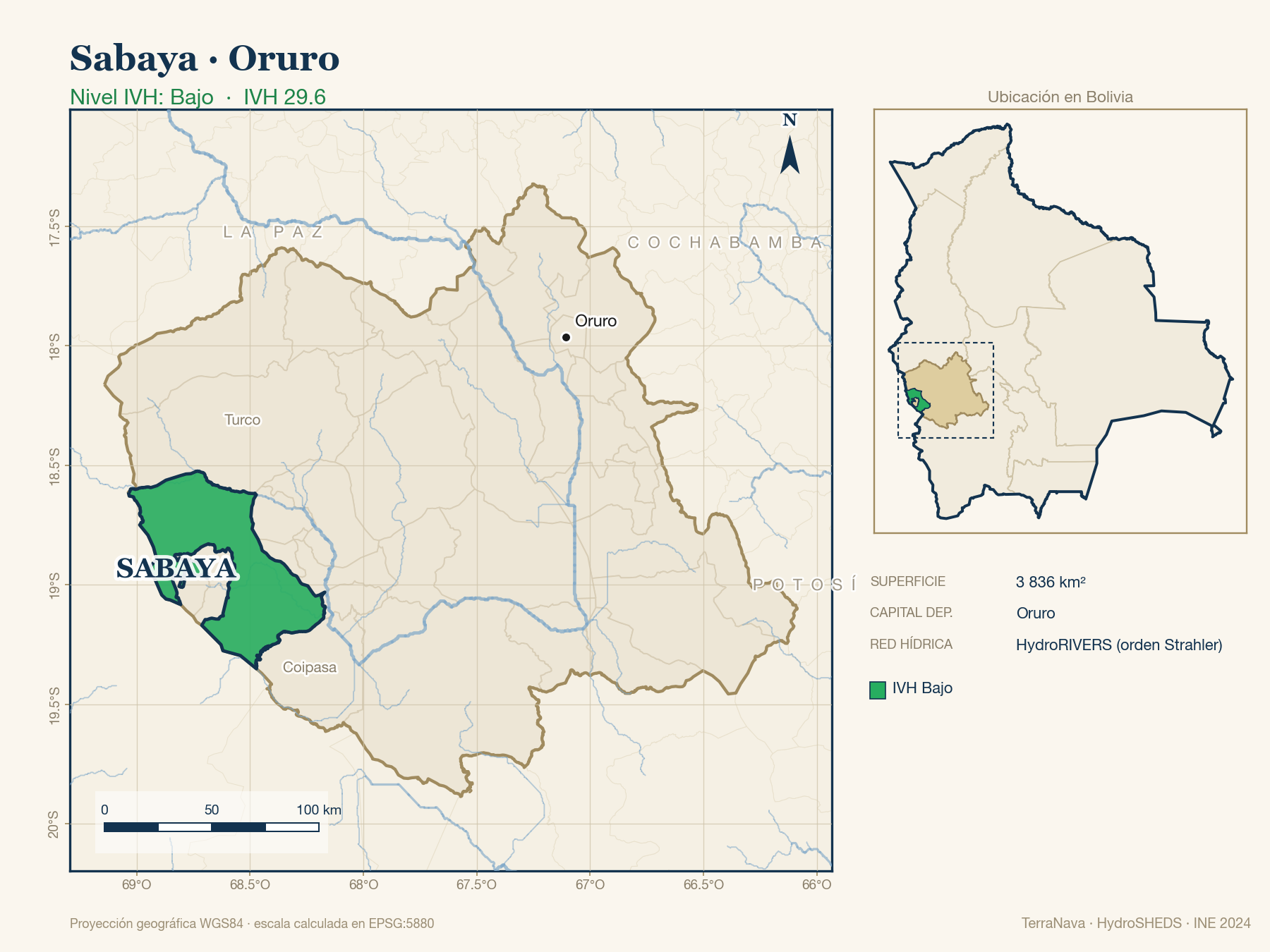 Mapa localizador de Sabaya (Oruro): zoom departamental con red hídrica HydroRIVERS, municipio destacado por nivel IVH y ubicación en Bolivia