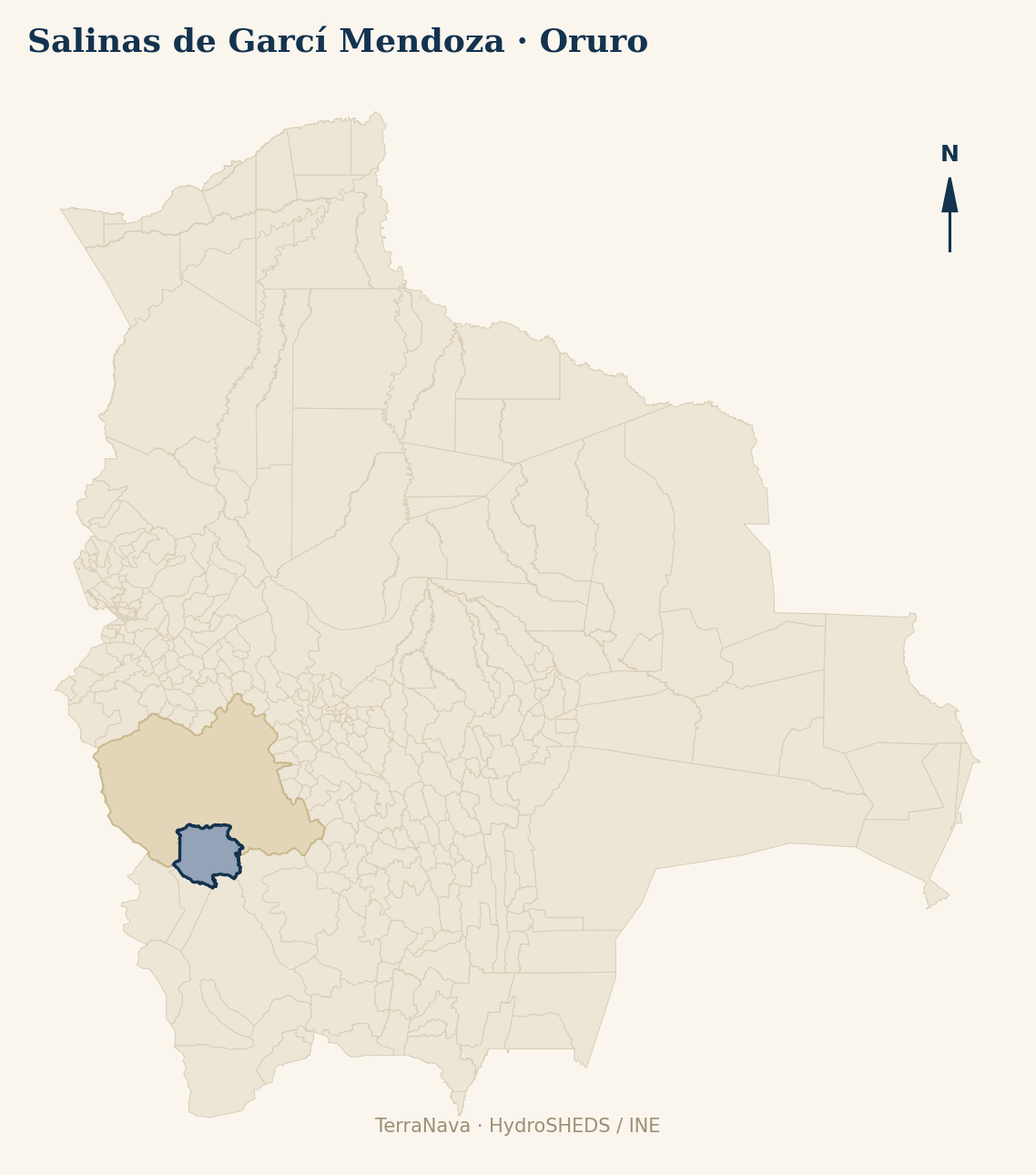 Mapa localizador de Salinas de Garcí Mendoza (Oruro): zoom departamental con red hídrica HydroRIVERS, municipio destacado por nivel IVH y ubicación en Bolivia