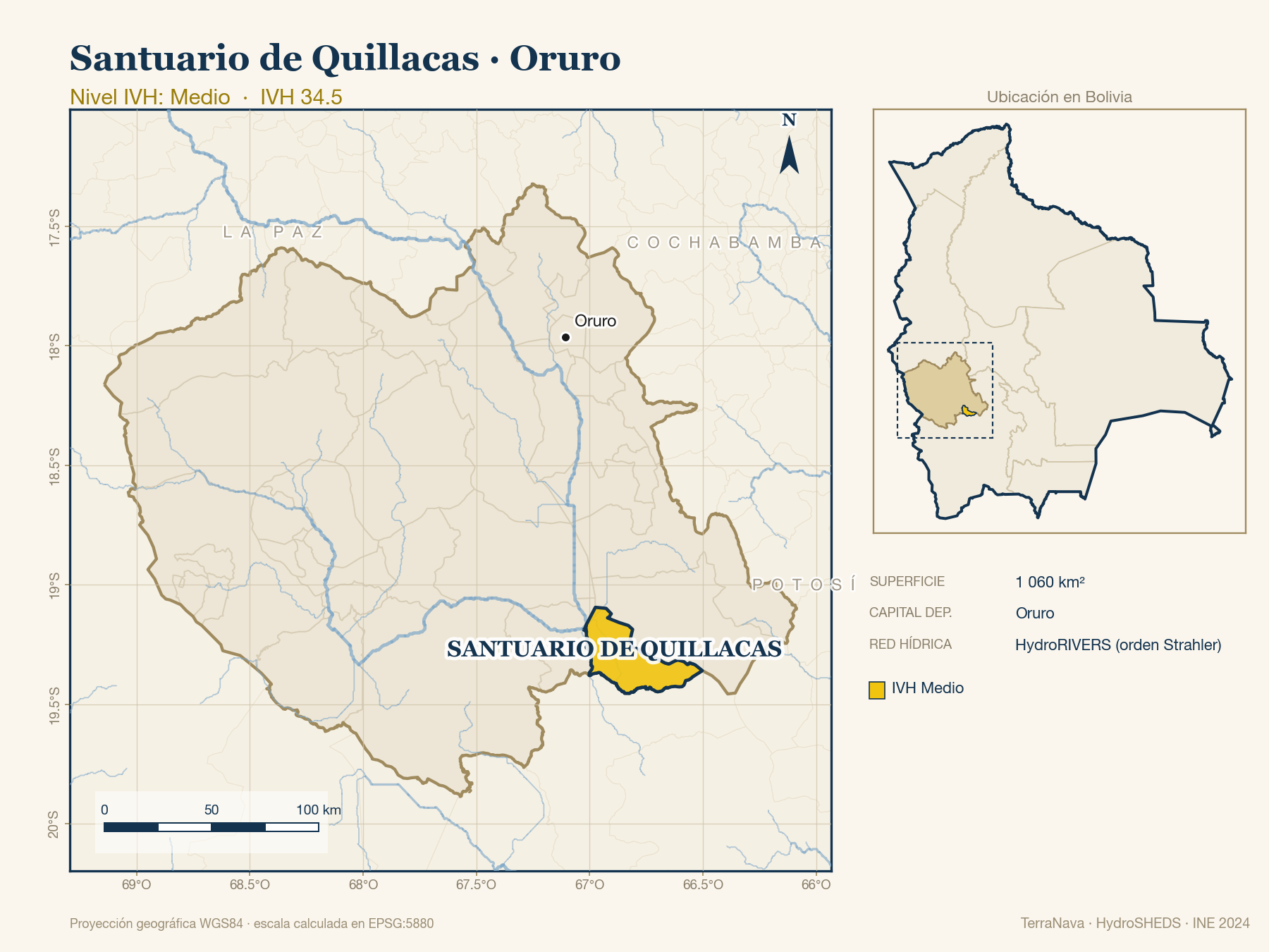 Mapa localizador de Santuario de Quillacas (Oruro): zoom departamental con red hídrica HydroRIVERS, municipio destacado por nivel IVH y ubicación en Bolivia