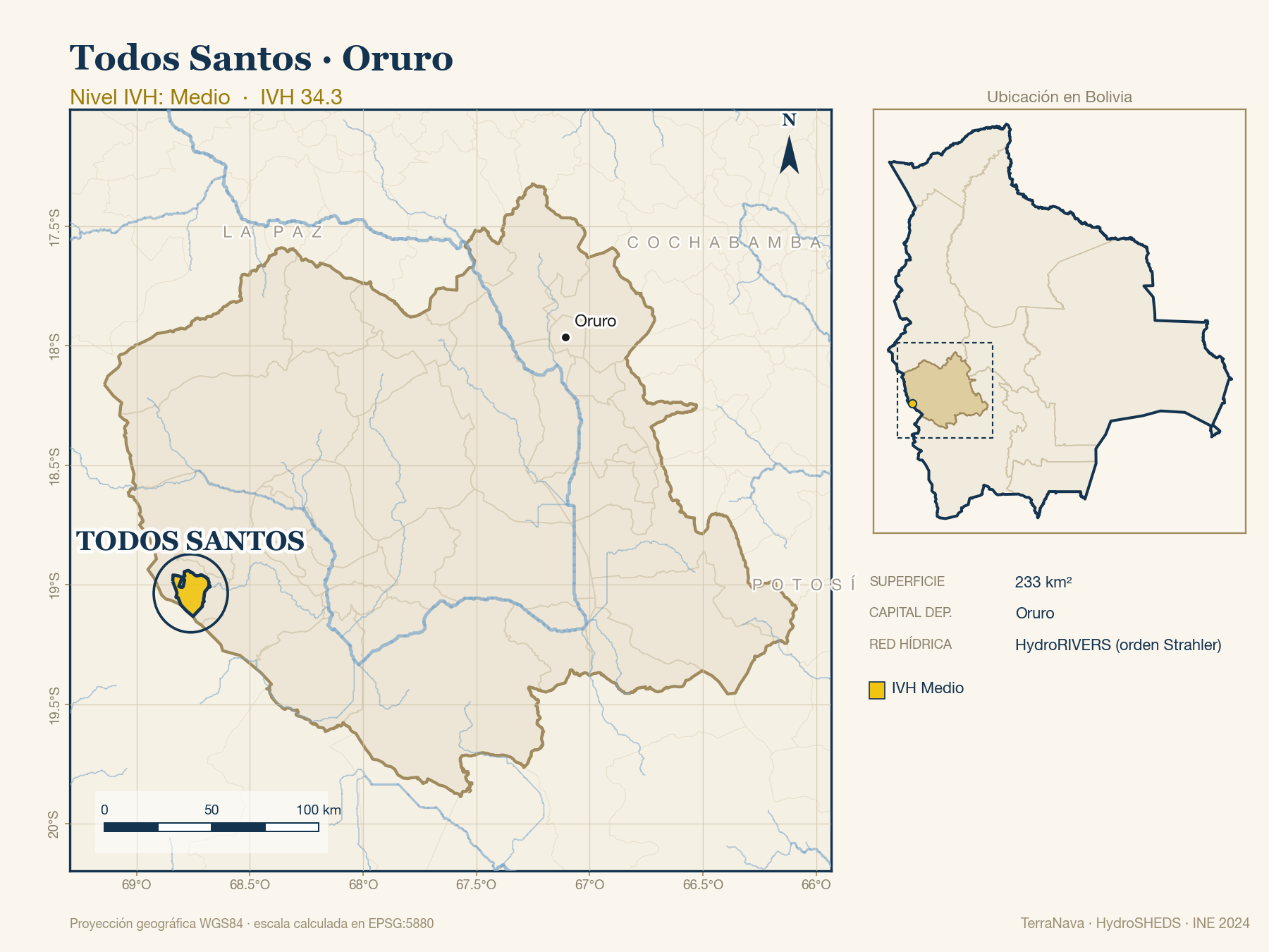 Mapa localizador de Todos Santos (Oruro): zoom departamental con red hídrica HydroRIVERS, municipio destacado por nivel IVH y ubicación en Bolivia