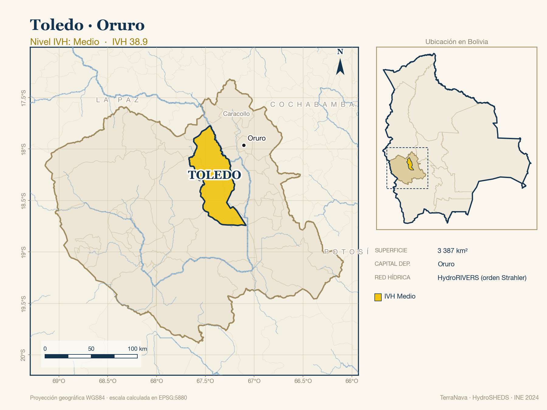 Mapa localizador de Toledo (Oruro): zoom departamental con red hídrica HydroRIVERS, municipio destacado por nivel IVH y ubicación en Bolivia