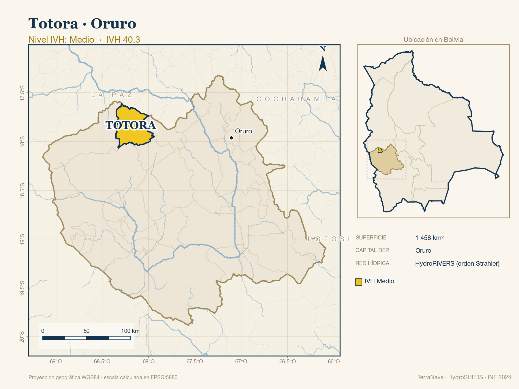 Mapa localizador de Totora (Oruro): zoom departamental con red hídrica HydroRIVERS, municipio destacado por nivel IVH y ubicación en Bolivia
