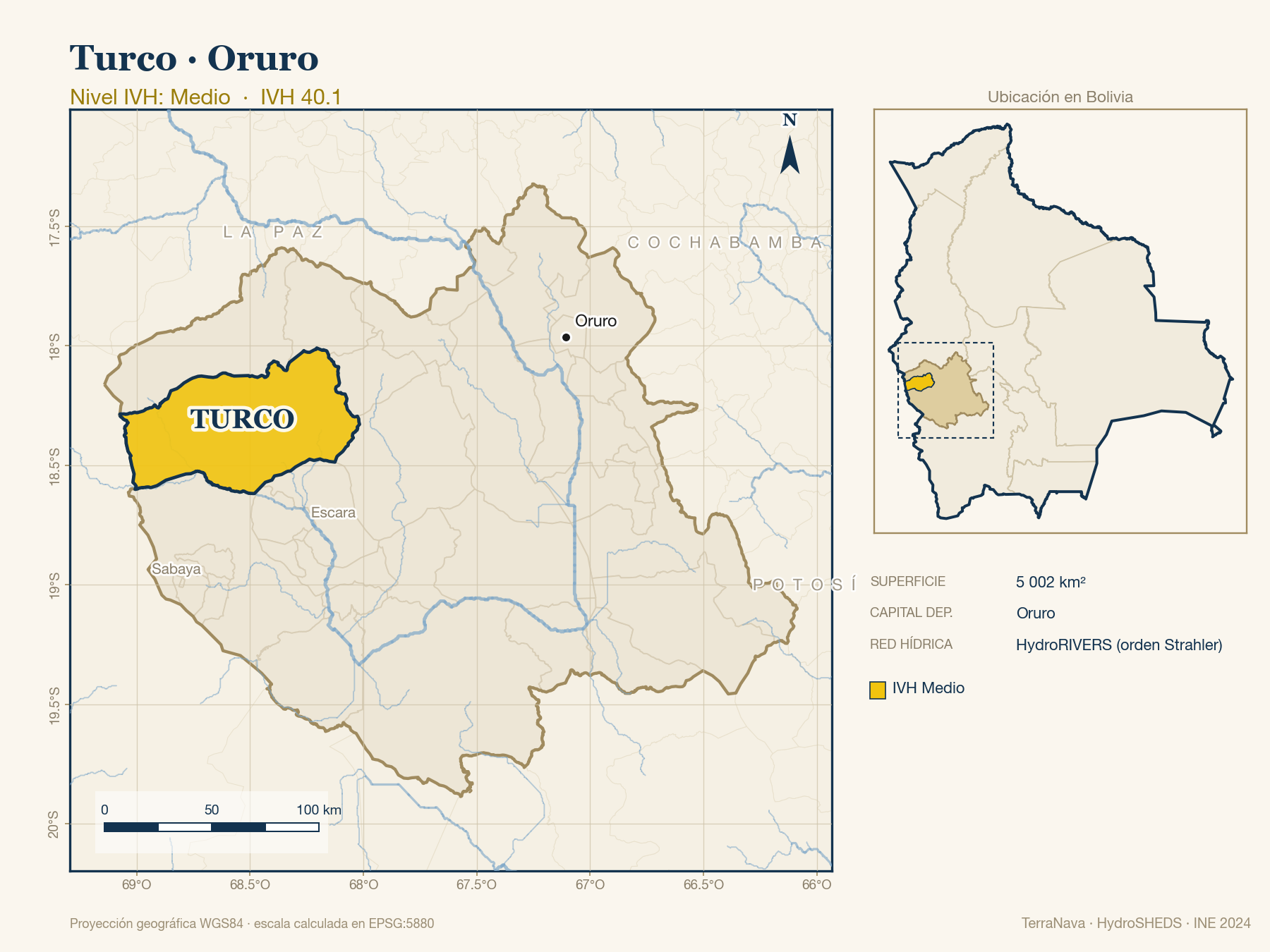 Mapa localizador de Turco (Oruro): zoom departamental con red hídrica HydroRIVERS, municipio destacado por nivel IVH y ubicación en Bolivia