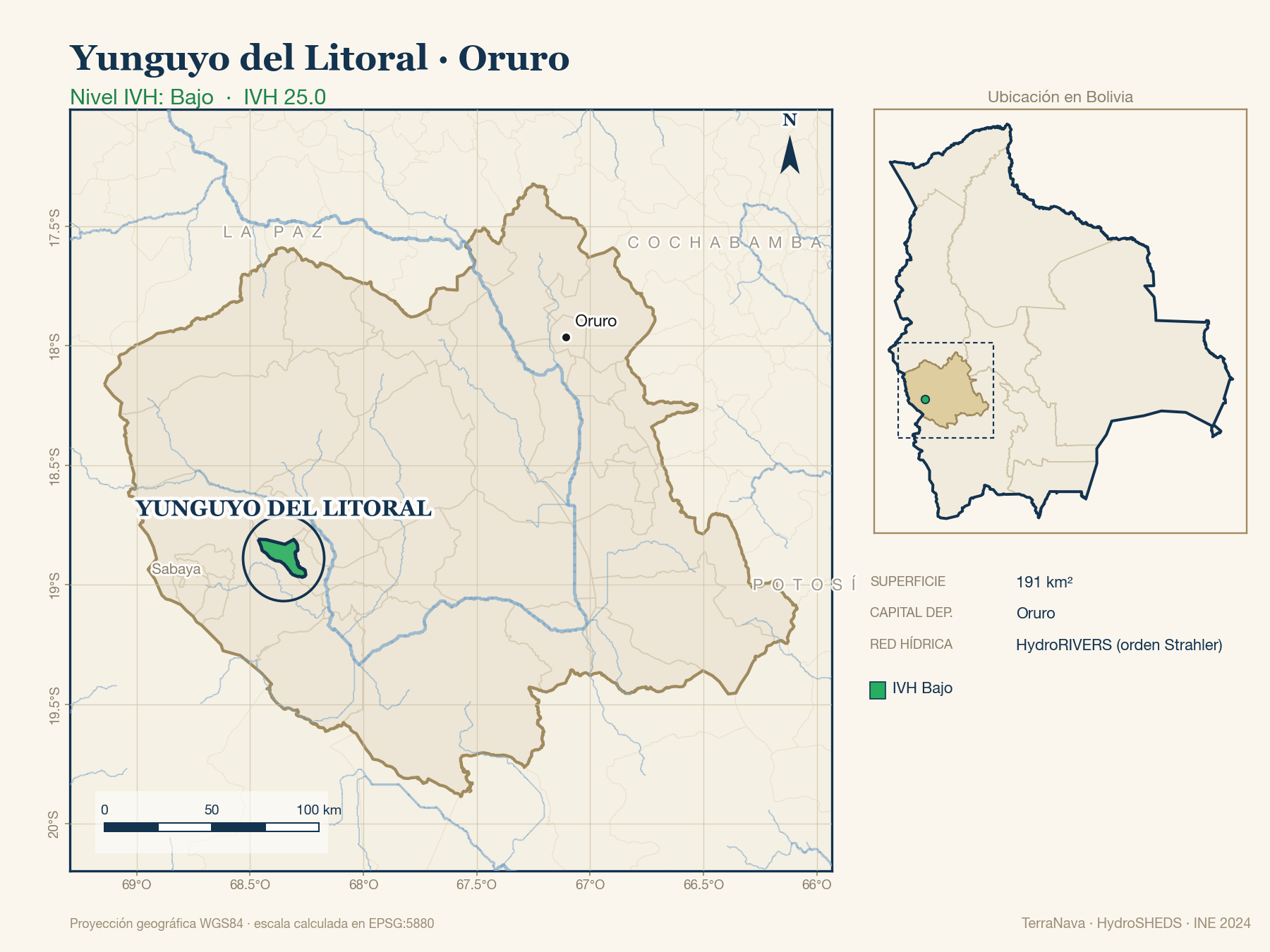 Mapa localizador de Yunguyo del Litoral (Oruro): zoom departamental con red hídrica HydroRIVERS, municipio destacado por nivel IVH y ubicación en Bolivia