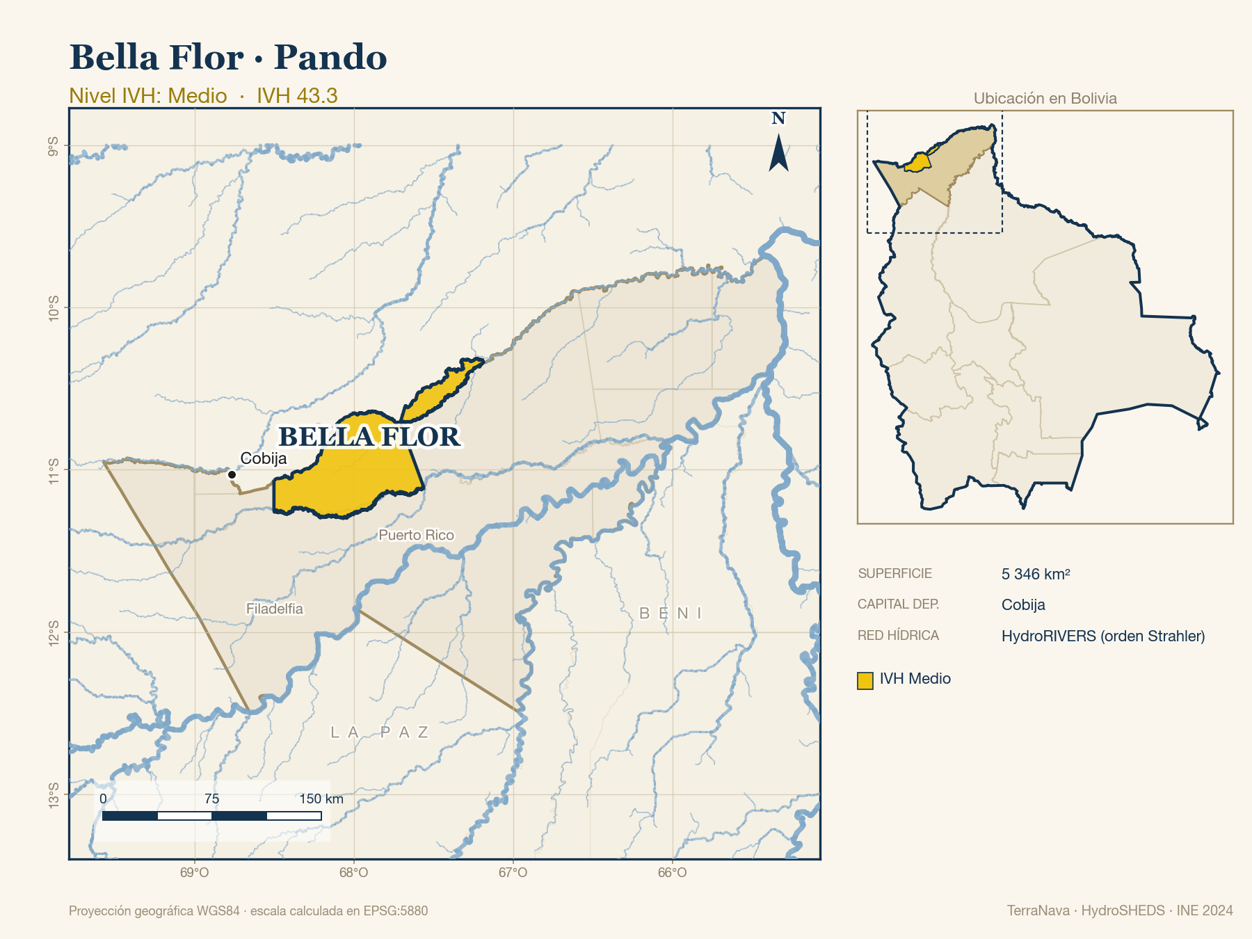 Mapa localizador de Bella Flor (Pando): zoom departamental con red hídrica HydroRIVERS, municipio destacado por nivel IVH y ubicación en Bolivia