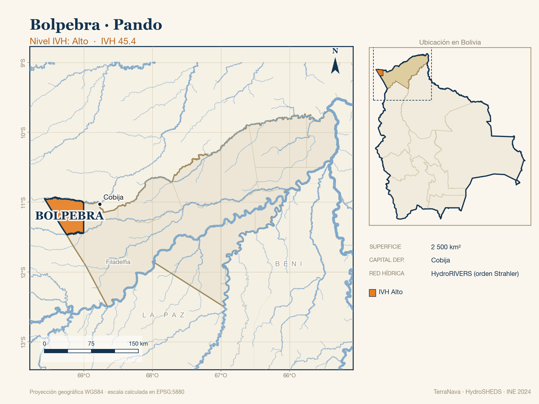 Mapa localizador de Bolpebra (Pando): zoom departamental con red hídrica HydroRIVERS, municipio destacado por nivel IVH y ubicación en Bolivia