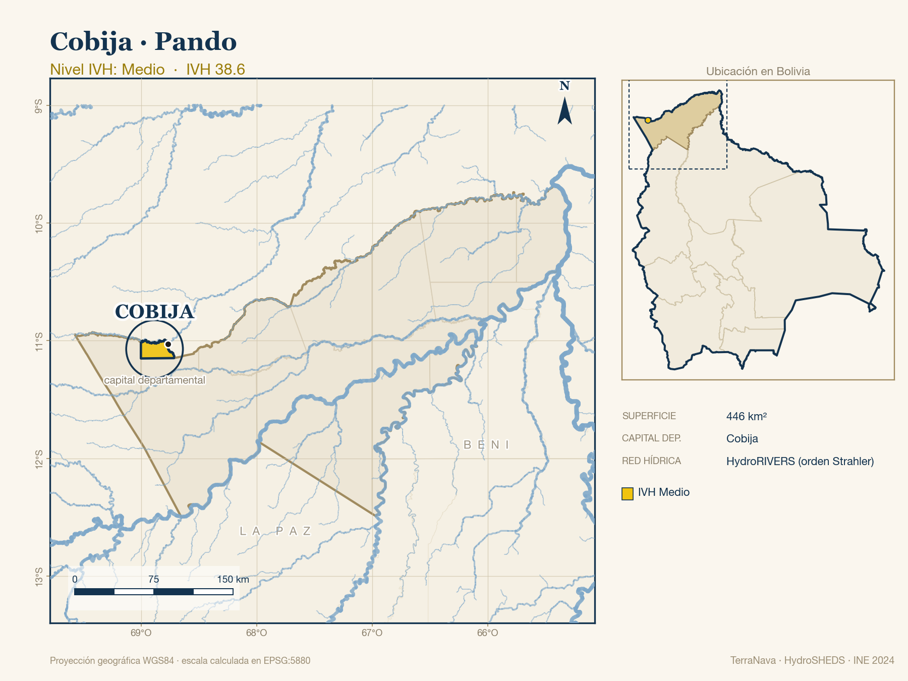 Mapa localizador de Cobija (Pando): zoom departamental con red hídrica HydroRIVERS, municipio destacado por nivel IVH y ubicación en Bolivia