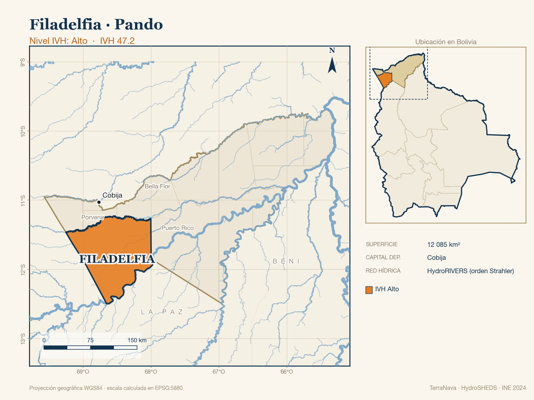 Mapa localizador de Filadelfia (Pando): zoom departamental con red hídrica HydroRIVERS, municipio destacado por nivel IVH y ubicación en Bolivia