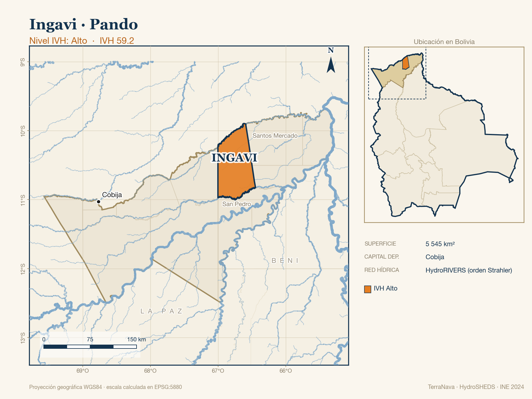 Mapa localizador de Ingavi (Pando): zoom departamental con red hídrica HydroRIVERS, municipio destacado por nivel IVH y ubicación en Bolivia