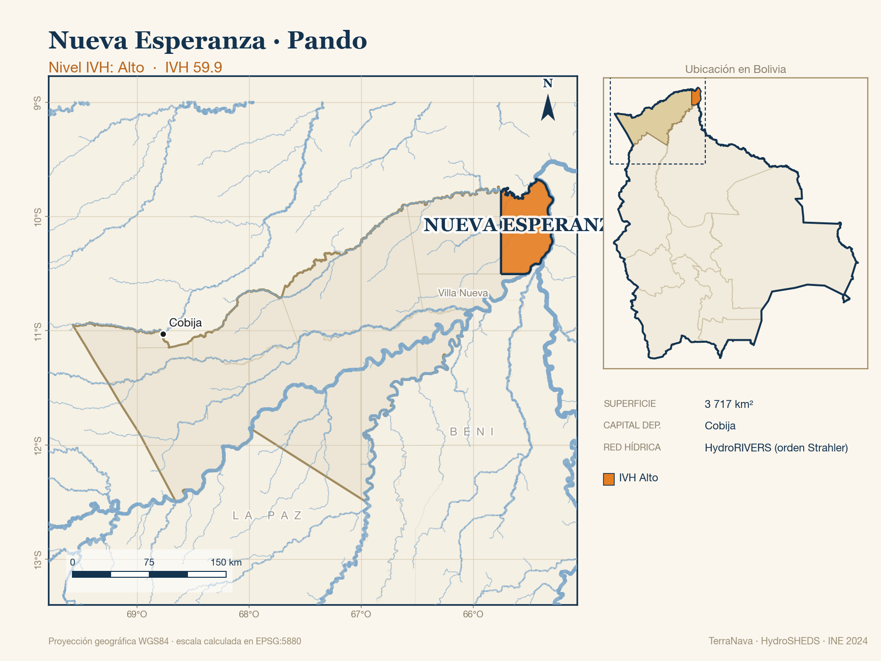 Mapa localizador de Nueva Esperanza (Pando): zoom departamental con red hídrica HydroRIVERS, municipio destacado por nivel IVH y ubicación en Bolivia