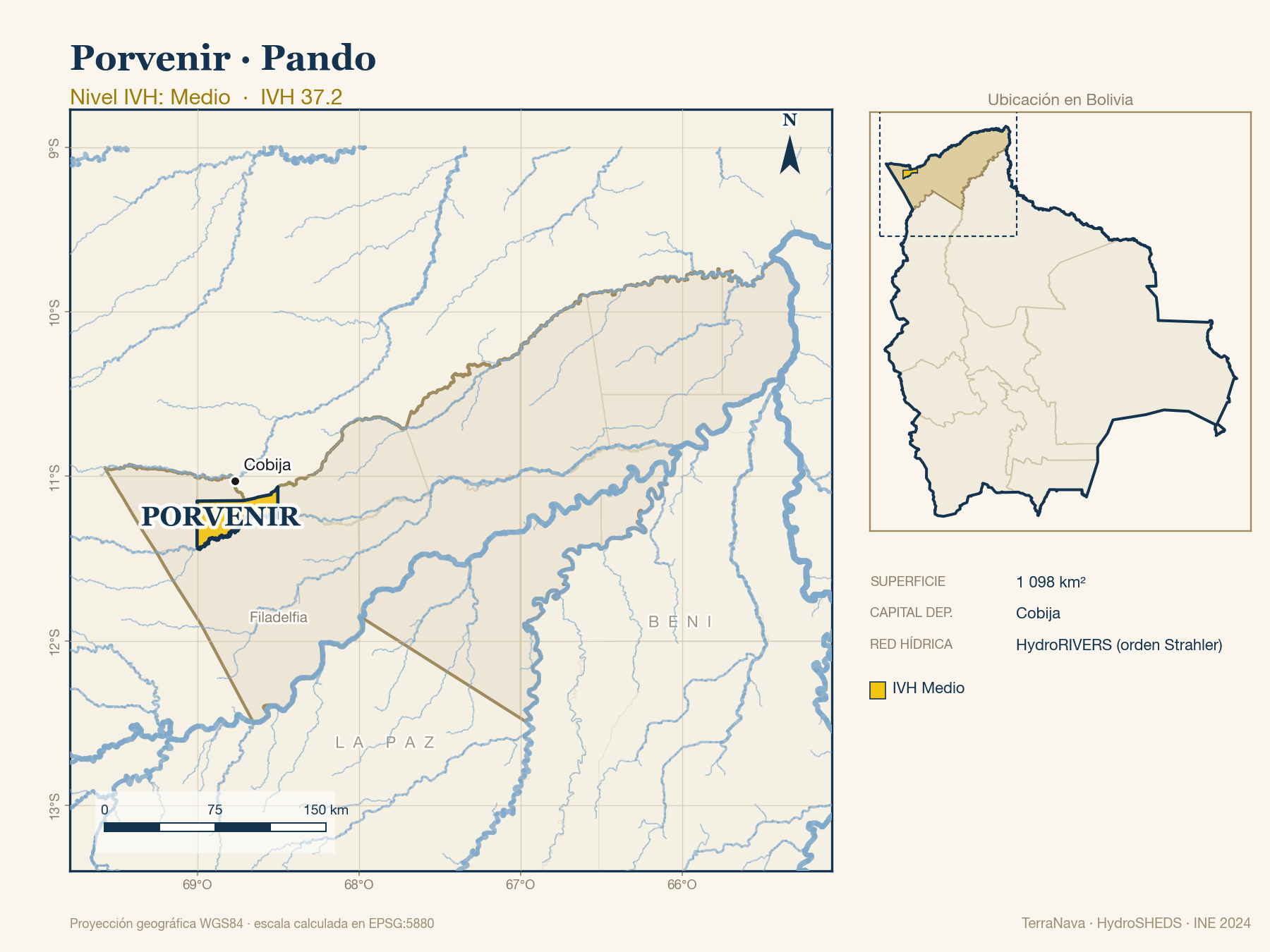 Mapa localizador de Porvenir (Pando): zoom departamental con red hídrica HydroRIVERS, municipio destacado por nivel IVH y ubicación en Bolivia