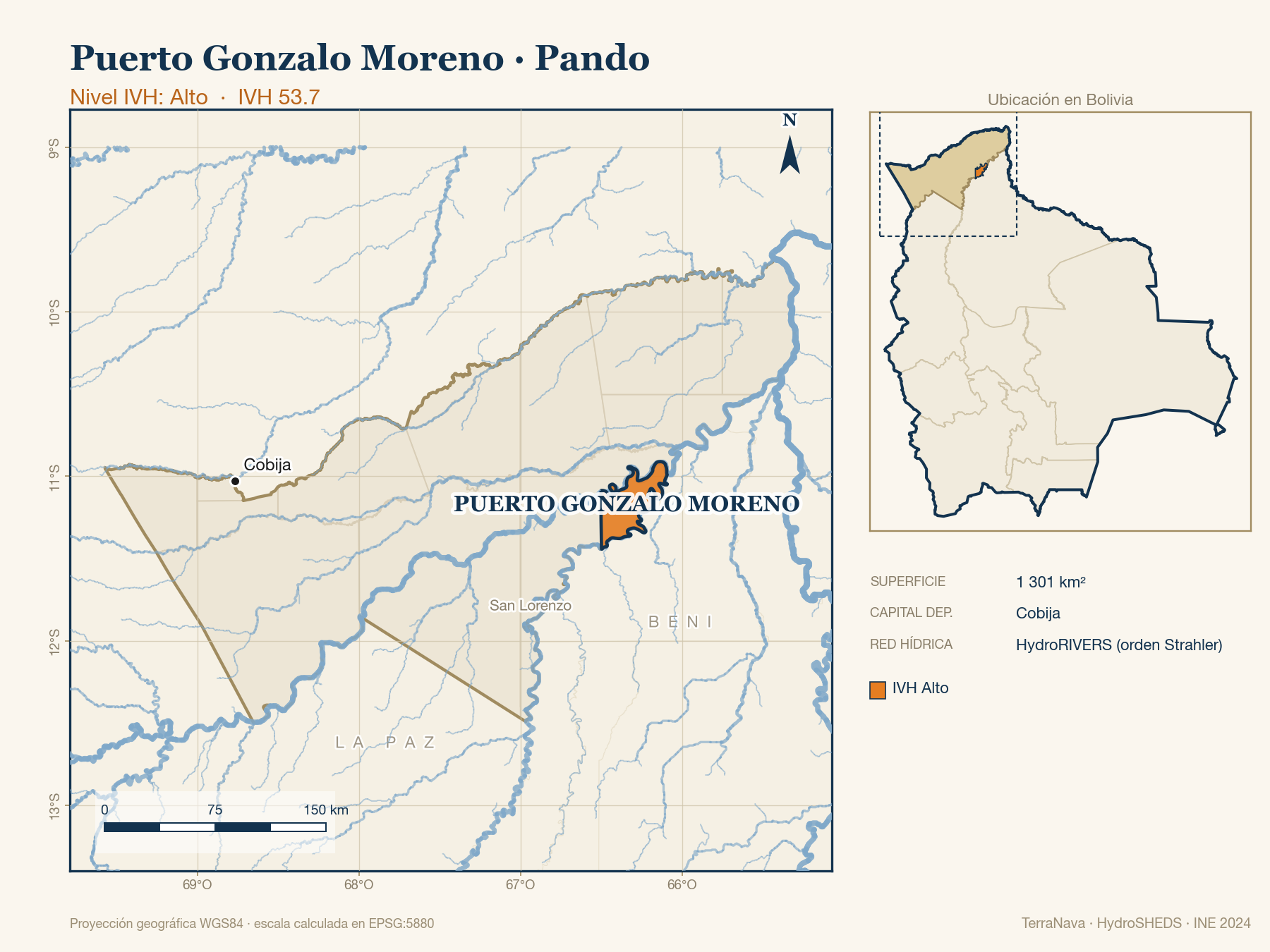 Mapa localizador de Puerto Gonzalo Moreno (Pando): zoom departamental con red hídrica HydroRIVERS, municipio destacado por nivel IVH y ubicación en Bolivia
