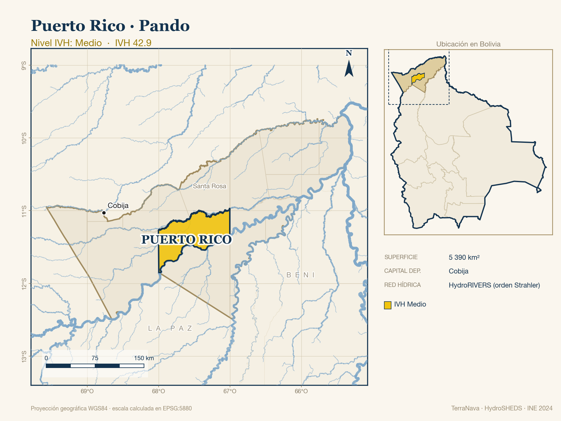 Mapa localizador de Puerto Rico (Pando): zoom departamental con red hídrica HydroRIVERS, municipio destacado por nivel IVH y ubicación en Bolivia