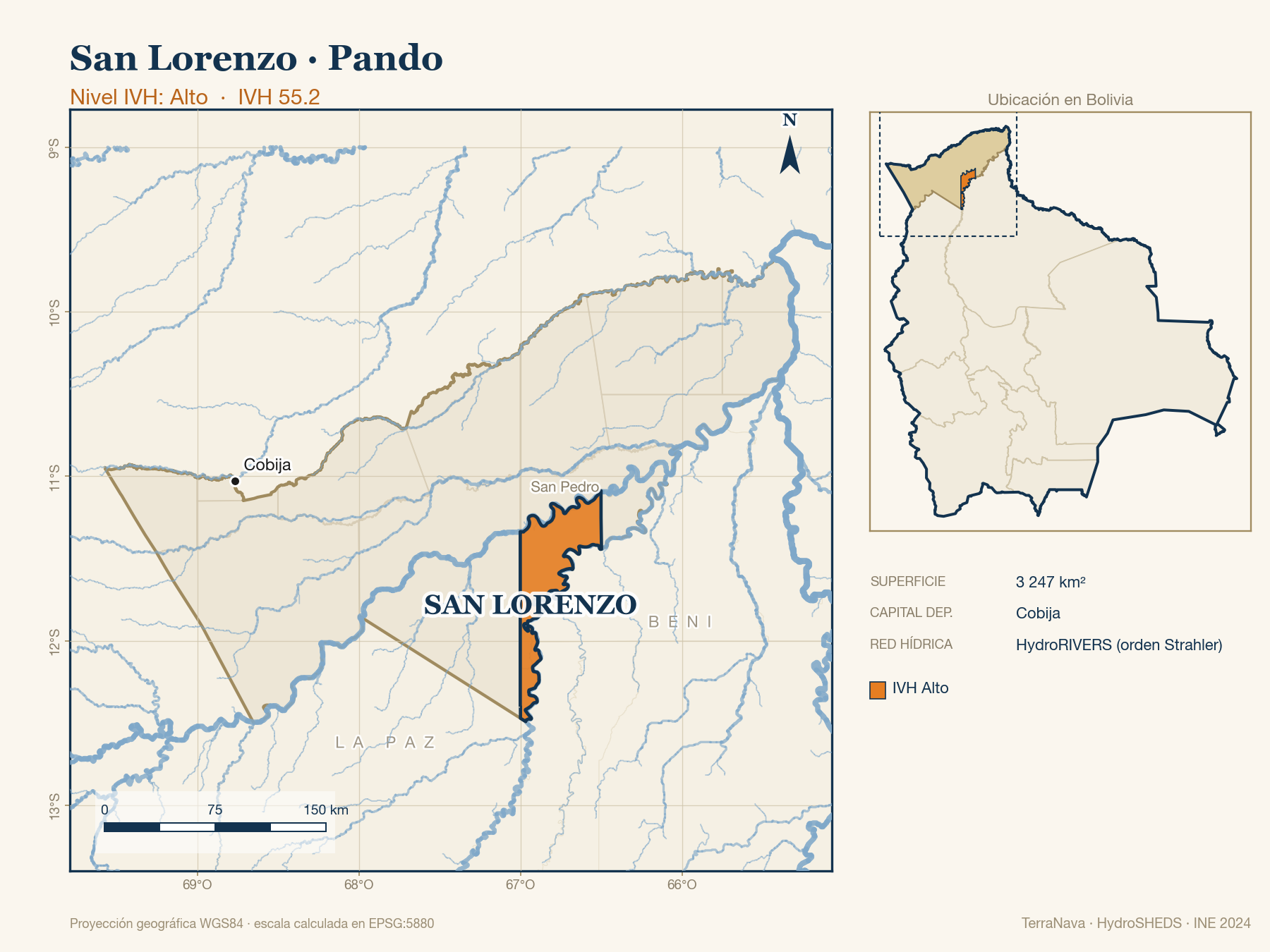 Mapa localizador de San Lorenzo (Pando): zoom departamental con red hídrica HydroRIVERS, municipio destacado por nivel IVH y ubicación en Bolivia