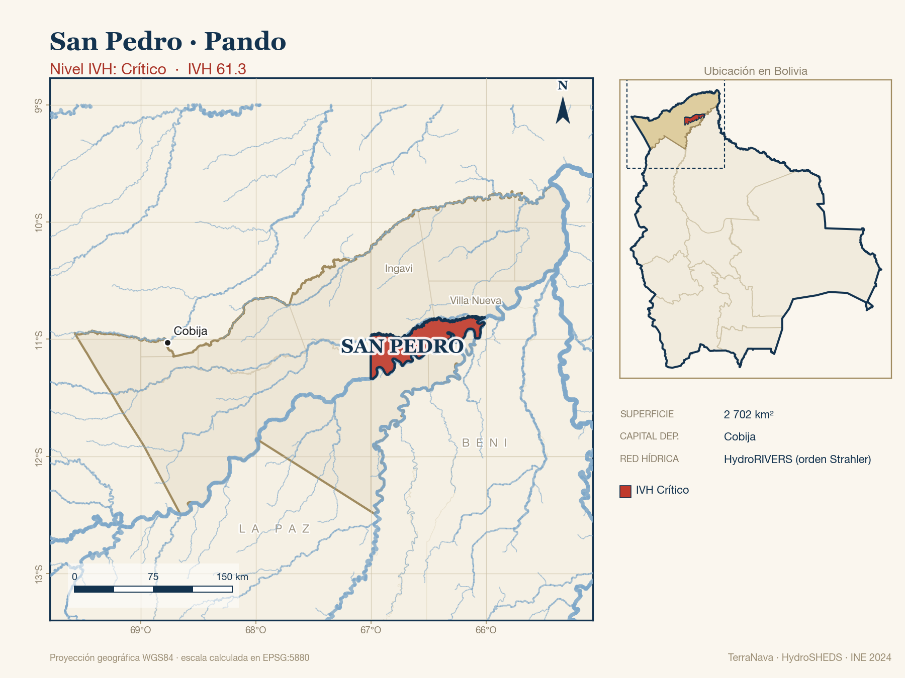 Mapa localizador de San Pedro (Pando): zoom departamental con red hídrica HydroRIVERS, municipio destacado por nivel IVH y ubicación en Bolivia
