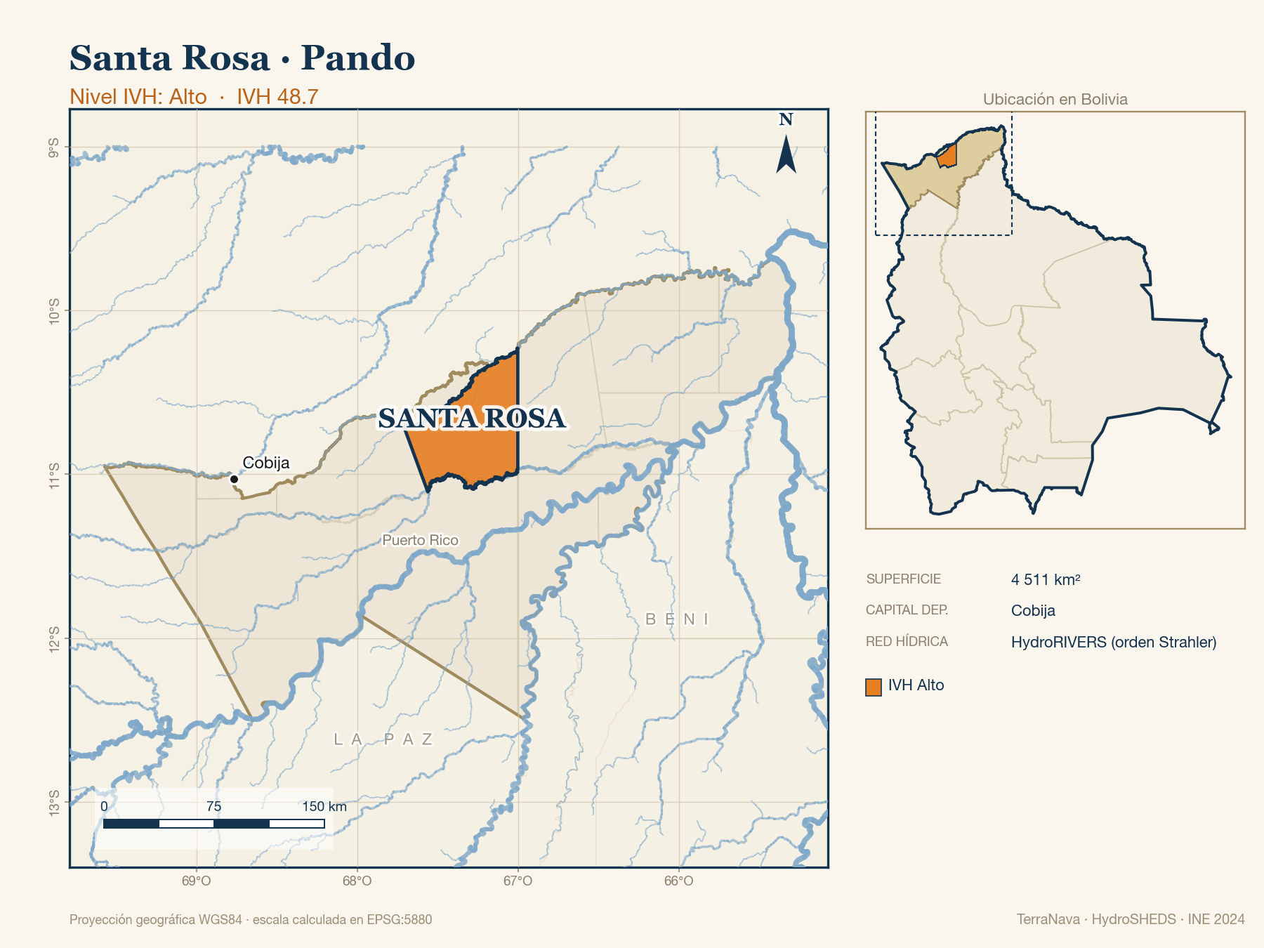 Mapa localizador de Santa Rosa (Pando): zoom departamental con red hídrica HydroRIVERS, municipio destacado por nivel IVH y ubicación en Bolivia