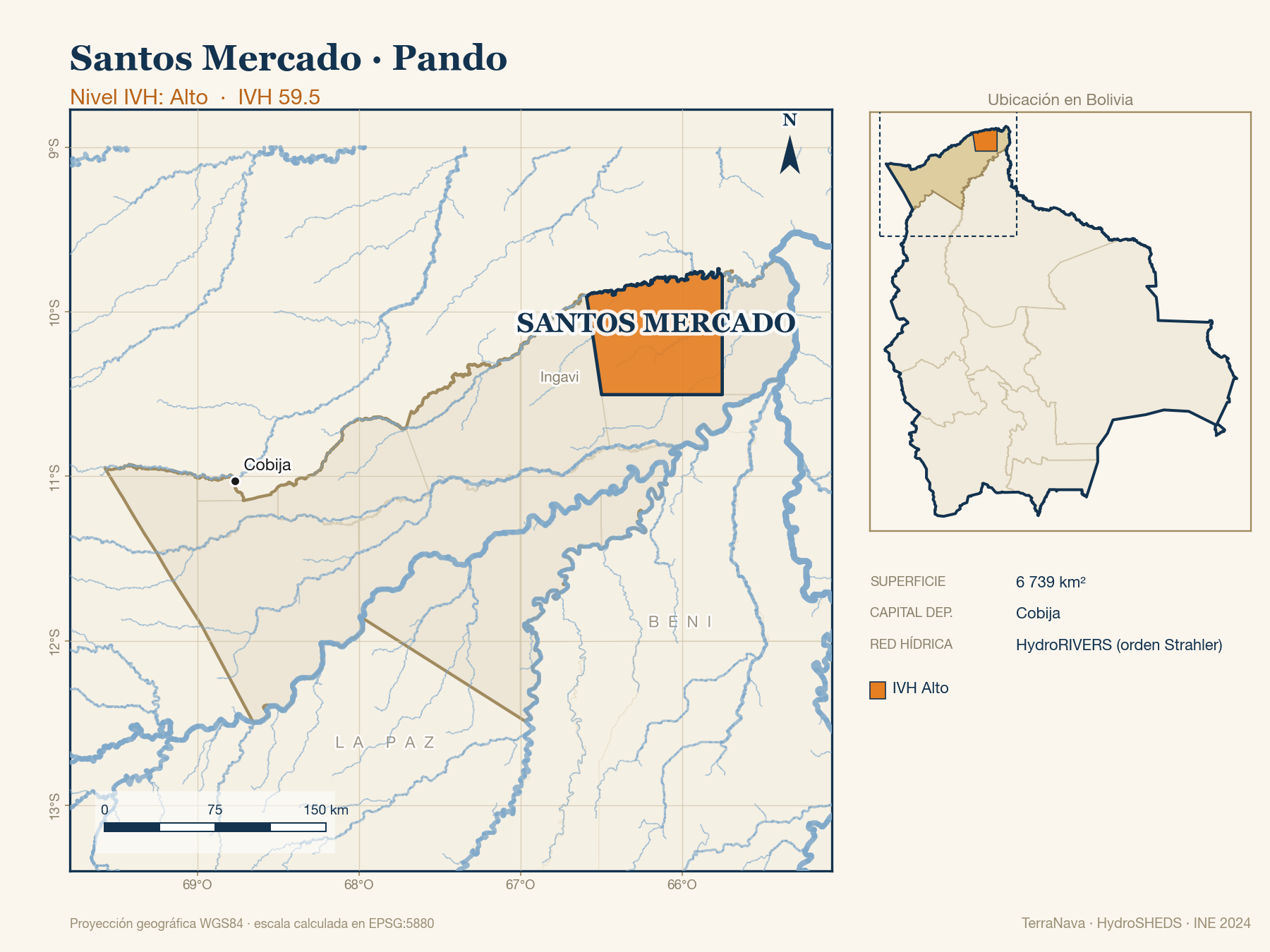 Mapa localizador de Santos Mercado (Pando): zoom departamental con red hídrica HydroRIVERS, municipio destacado por nivel IVH y ubicación en Bolivia