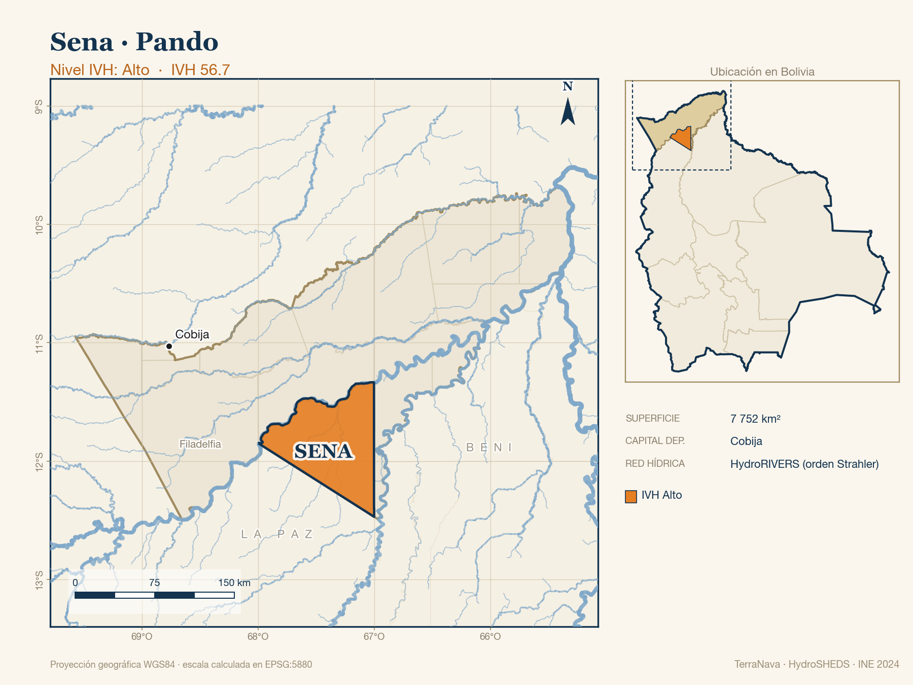 Mapa localizador de Sena (Pando): zoom departamental con red hídrica HydroRIVERS, municipio destacado por nivel IVH y ubicación en Bolivia