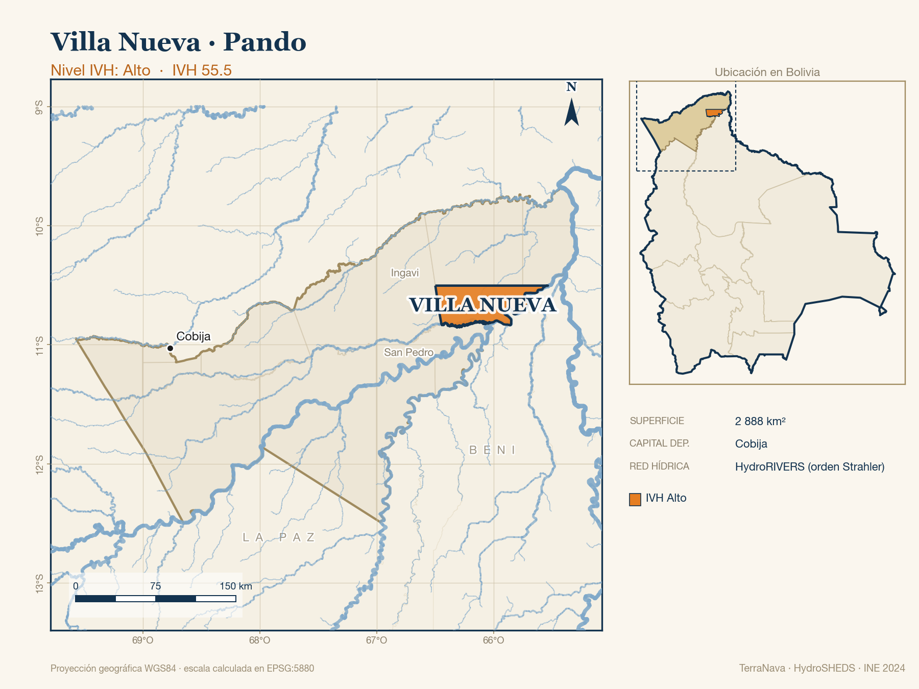 Mapa localizador de Villa Nueva (Pando): zoom departamental con red hídrica HydroRIVERS, municipio destacado por nivel IVH y ubicación en Bolivia