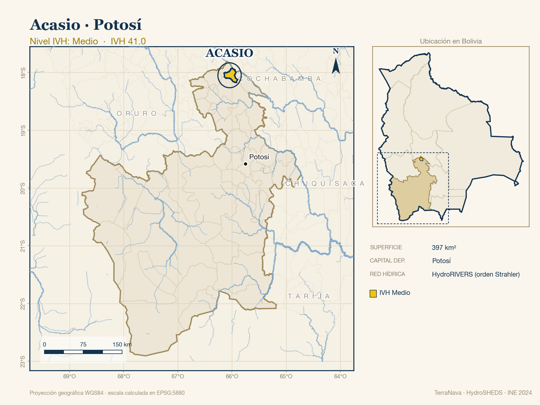 Mapa localizador de Acasio (Potosí): zoom departamental con red hídrica HydroRIVERS, municipio destacado por nivel IVH y ubicación en Bolivia