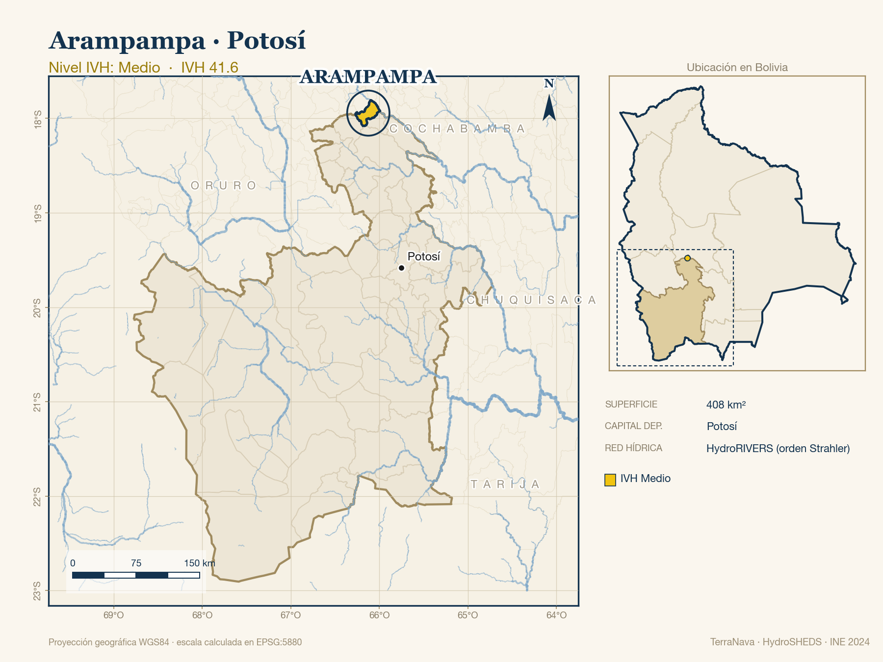 Mapa localizador de Arampampa (Potosí): zoom departamental con red hídrica HydroRIVERS, municipio destacado por nivel IVH y ubicación en Bolivia
