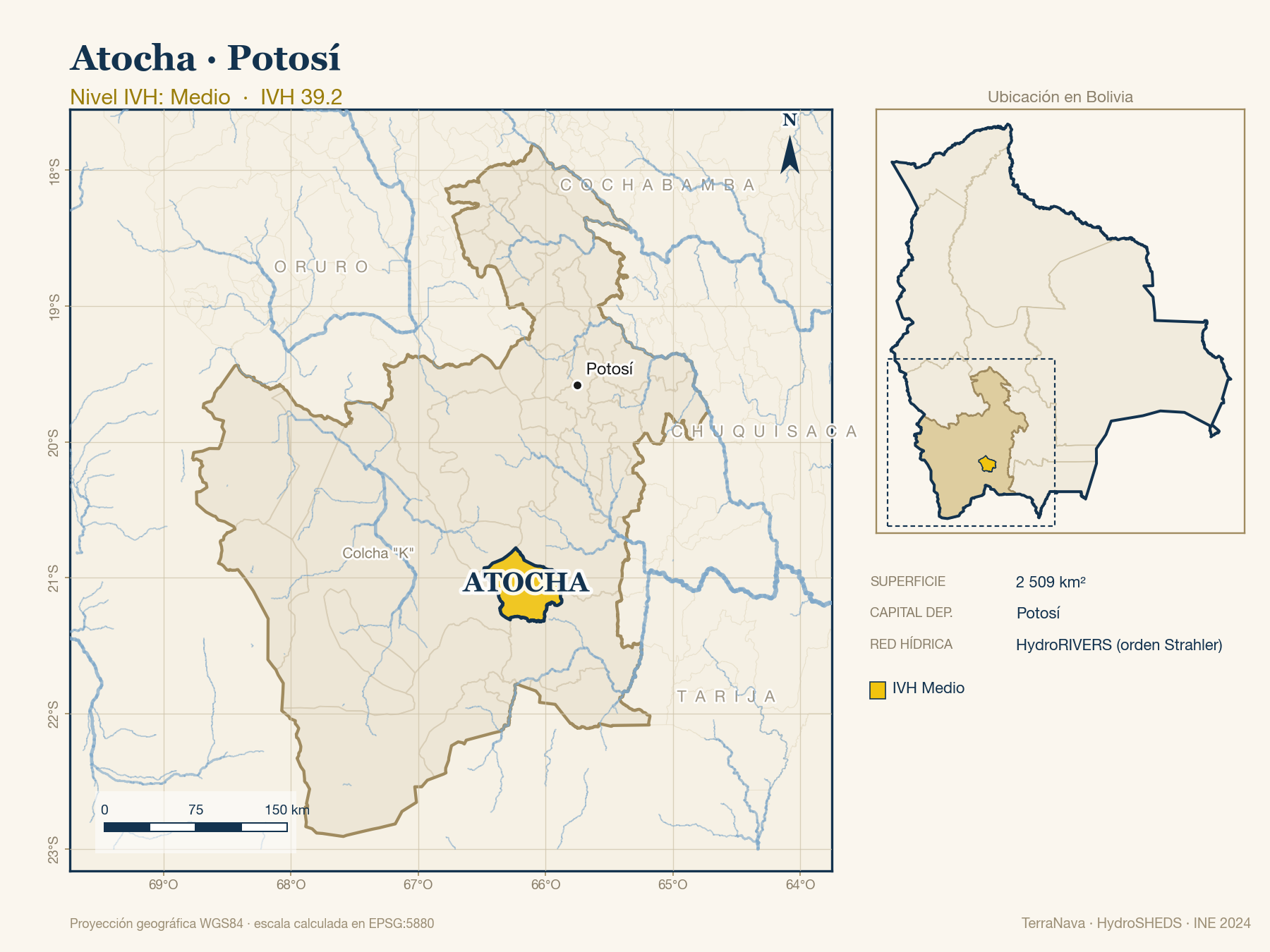 Mapa localizador de Atocha (Potosí): zoom departamental con red hídrica HydroRIVERS, municipio destacado por nivel IVH y ubicación en Bolivia