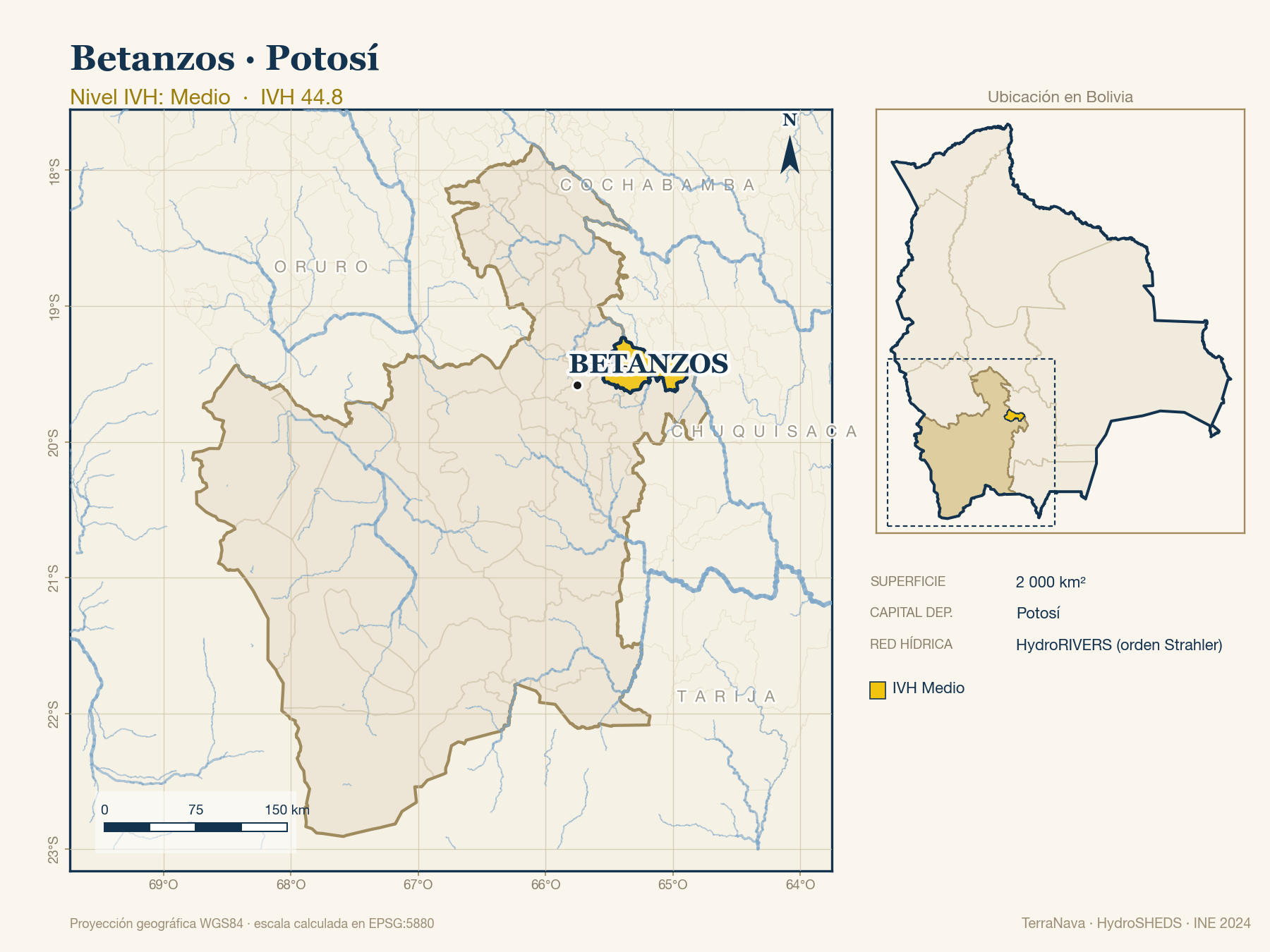 Mapa localizador de Betanzos (Potosí): zoom departamental con red hídrica HydroRIVERS, municipio destacado por nivel IVH y ubicación en Bolivia