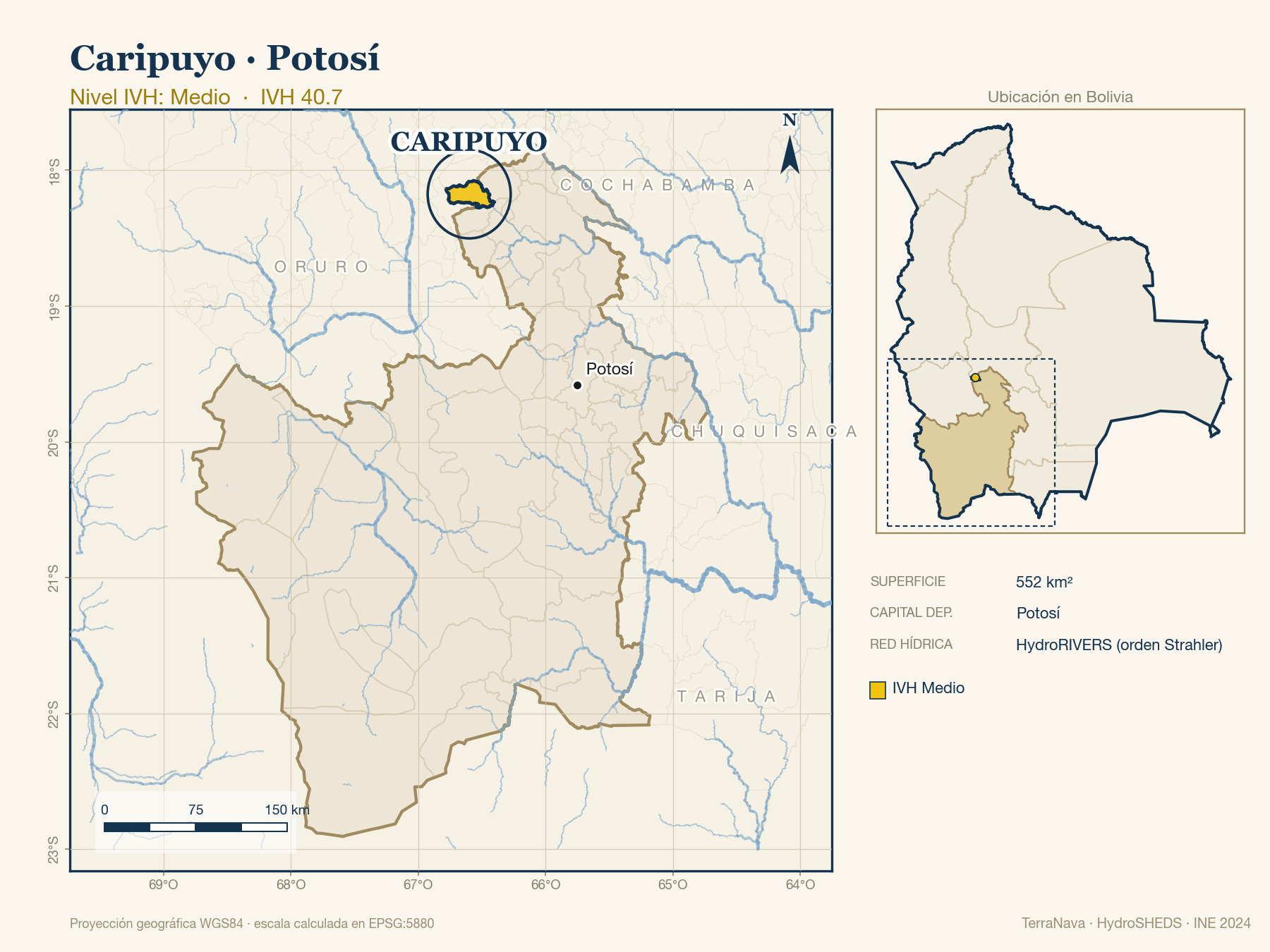 Mapa localizador de Caripuyo (Potosí): zoom departamental con red hídrica HydroRIVERS, municipio destacado por nivel IVH y ubicación en Bolivia