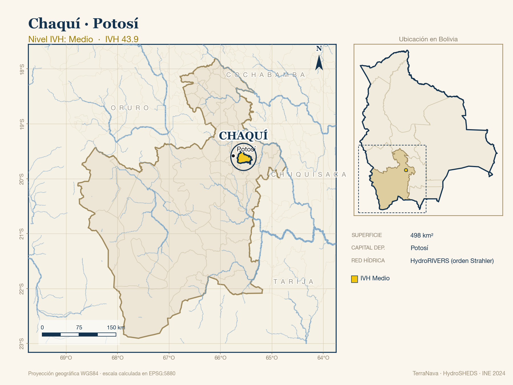 Mapa localizador de Chaquí (Potosí): zoom departamental con red hídrica HydroRIVERS, municipio destacado por nivel IVH y ubicación en Bolivia