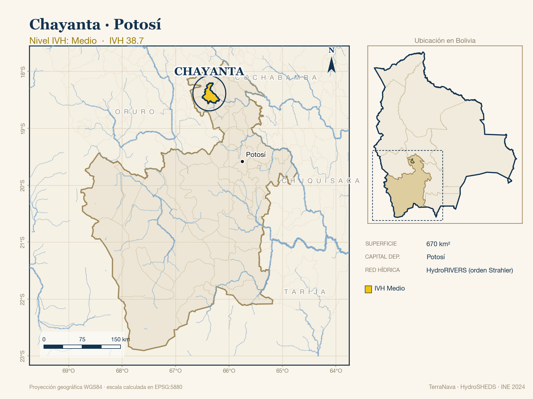 Mapa localizador de Chayanta (Potosí): zoom departamental con red hídrica HydroRIVERS, municipio destacado por nivel IVH y ubicación en Bolivia