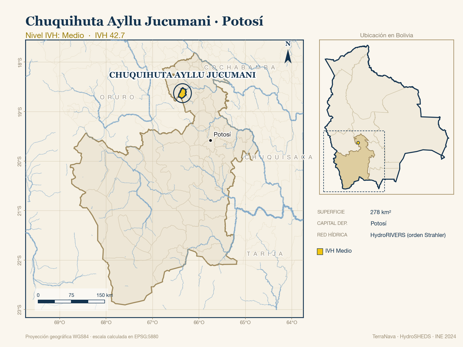 Mapa localizador de Chuquihuta Ayllu Jucumani (Potosí): zoom departamental con red hídrica HydroRIVERS, municipio destacado por nivel IVH y ubicación en Bolivia