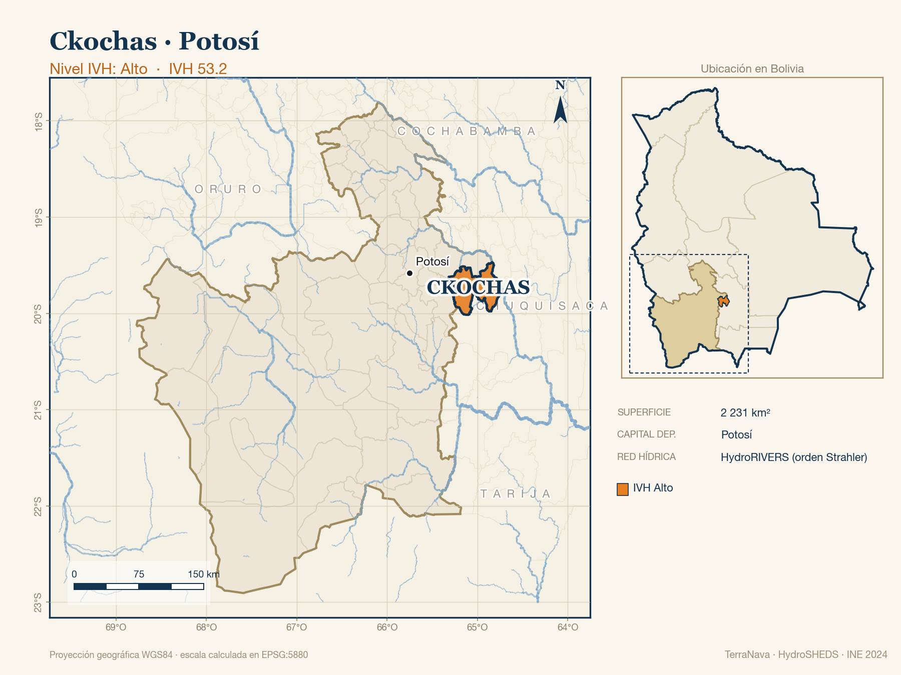 Mapa localizador de Ckochas (Potosí): zoom departamental con red hídrica HydroRIVERS, municipio destacado por nivel IVH y ubicación en Bolivia