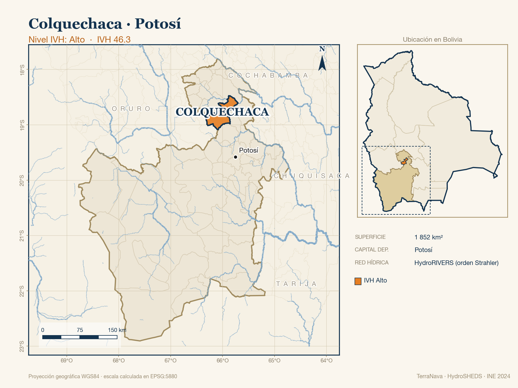 Mapa localizador de Colquechaca (Potosí): zoom departamental con red hídrica HydroRIVERS, municipio destacado por nivel IVH y ubicación en Bolivia