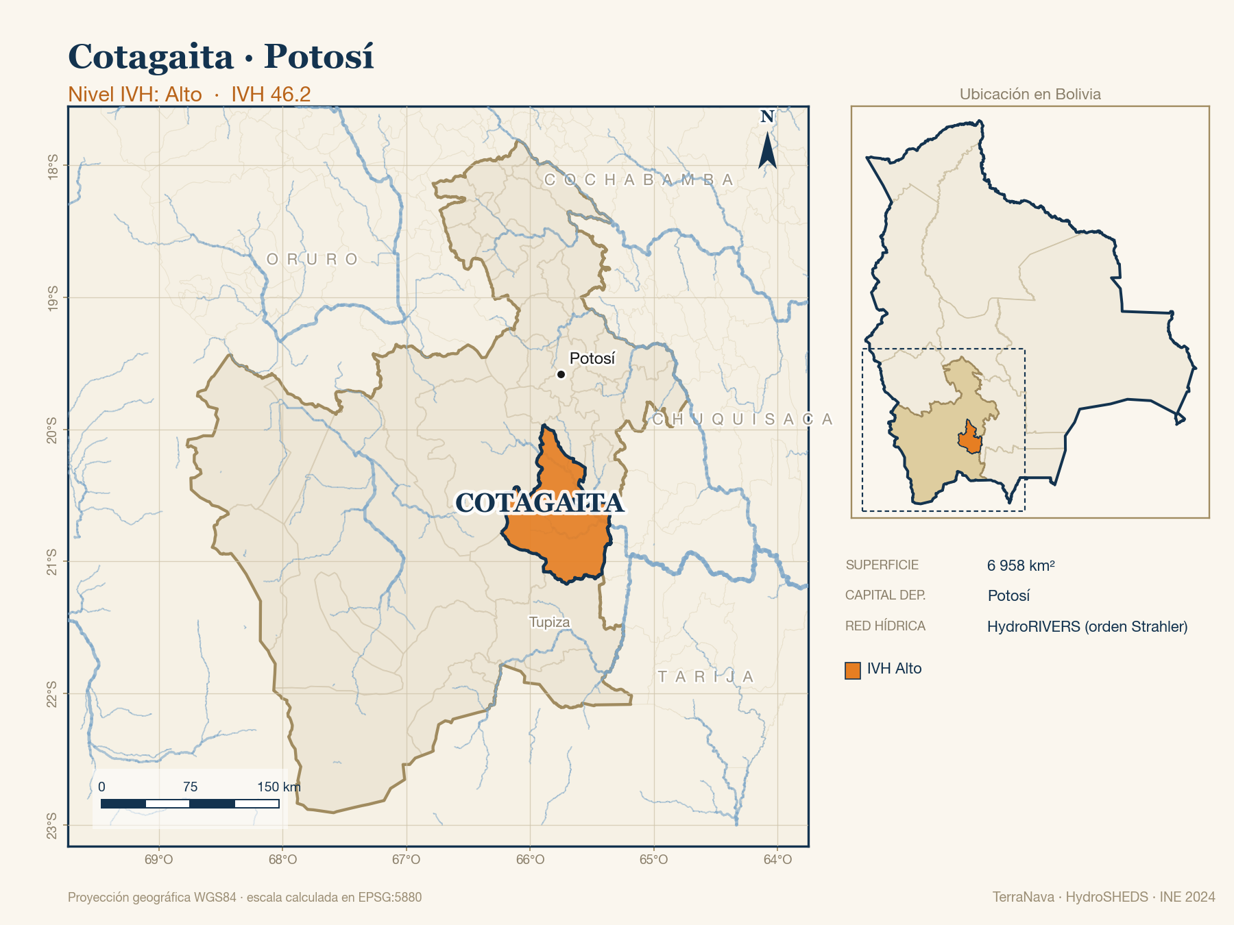 Mapa localizador de Cotagaita (Potosí): zoom departamental con red hídrica HydroRIVERS, municipio destacado por nivel IVH y ubicación en Bolivia