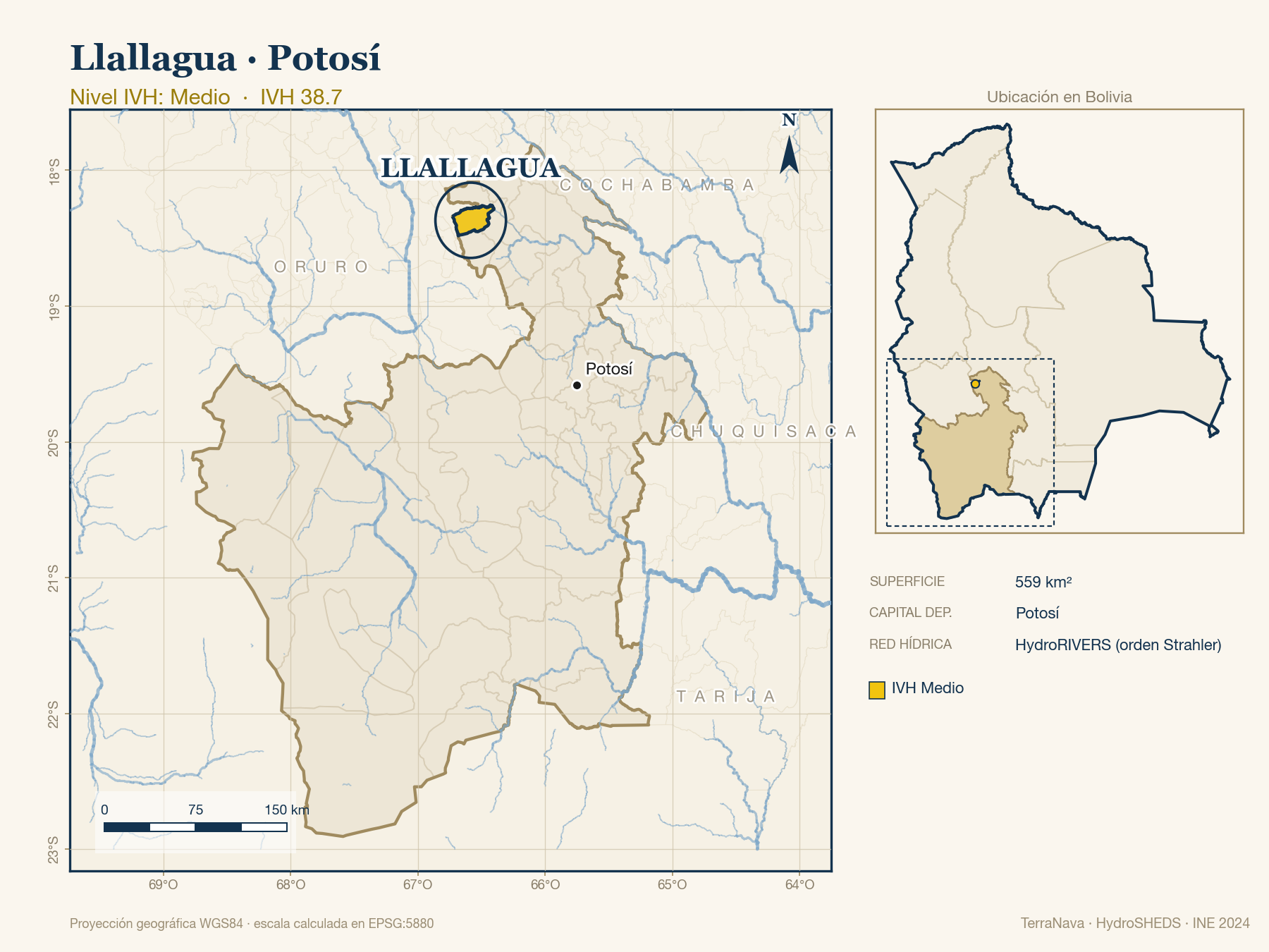 Mapa localizador de Llallagua (Potosí): zoom departamental con red hídrica HydroRIVERS, municipio destacado por nivel IVH y ubicación en Bolivia